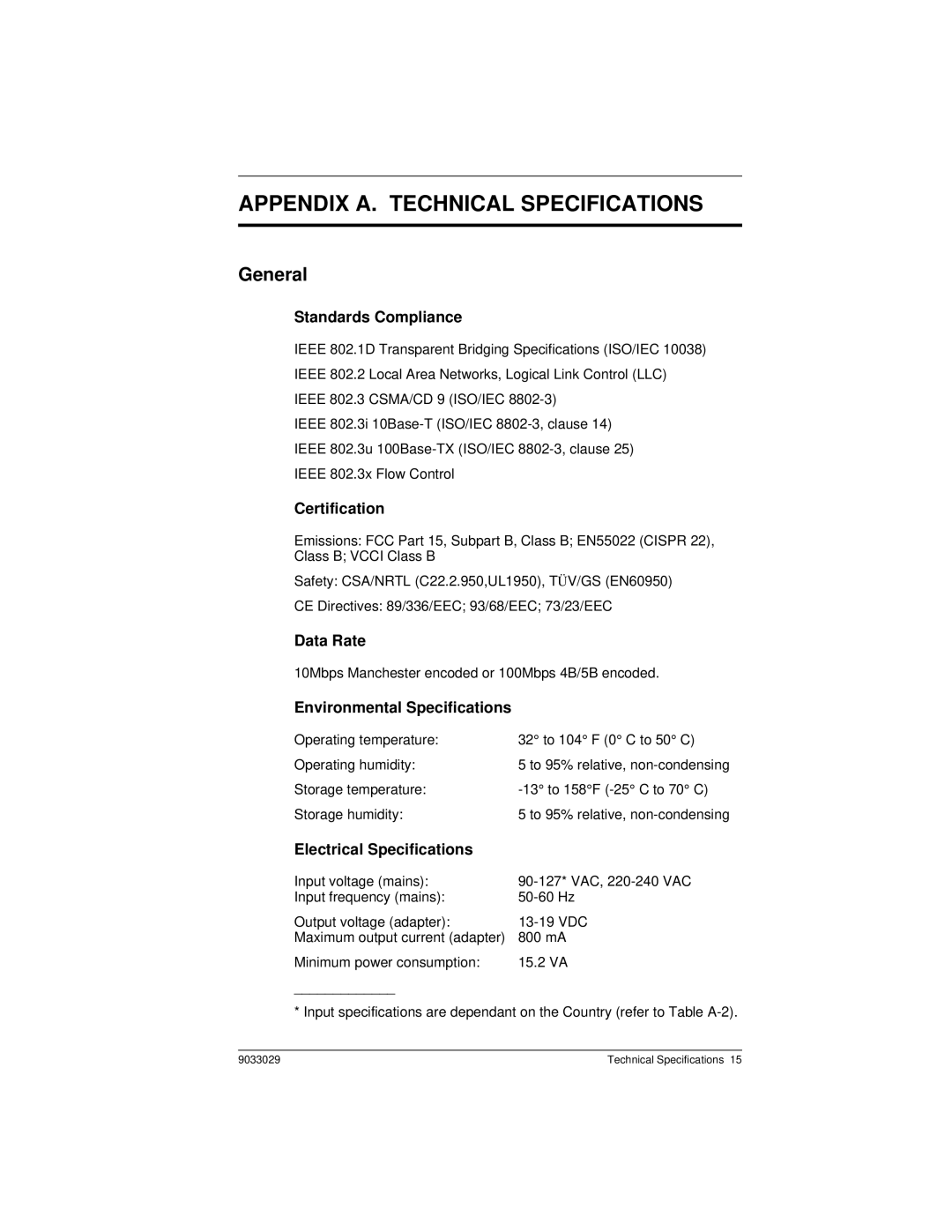 Cabletron Systems ELS100-8TXUF2 manual Appendix A. Technical Specifications, General 