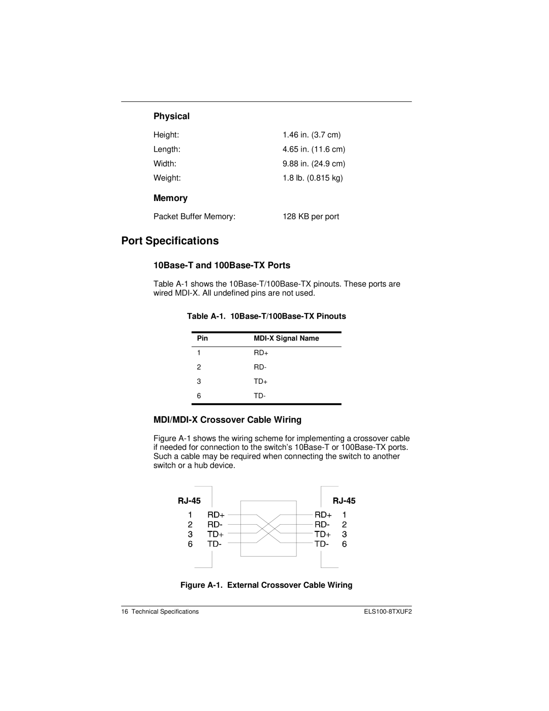 Cabletron Systems ELS100-8TXUF2 manual Port Specifications, Physical, Memory, 10Base-T and 100Base-TX Ports 