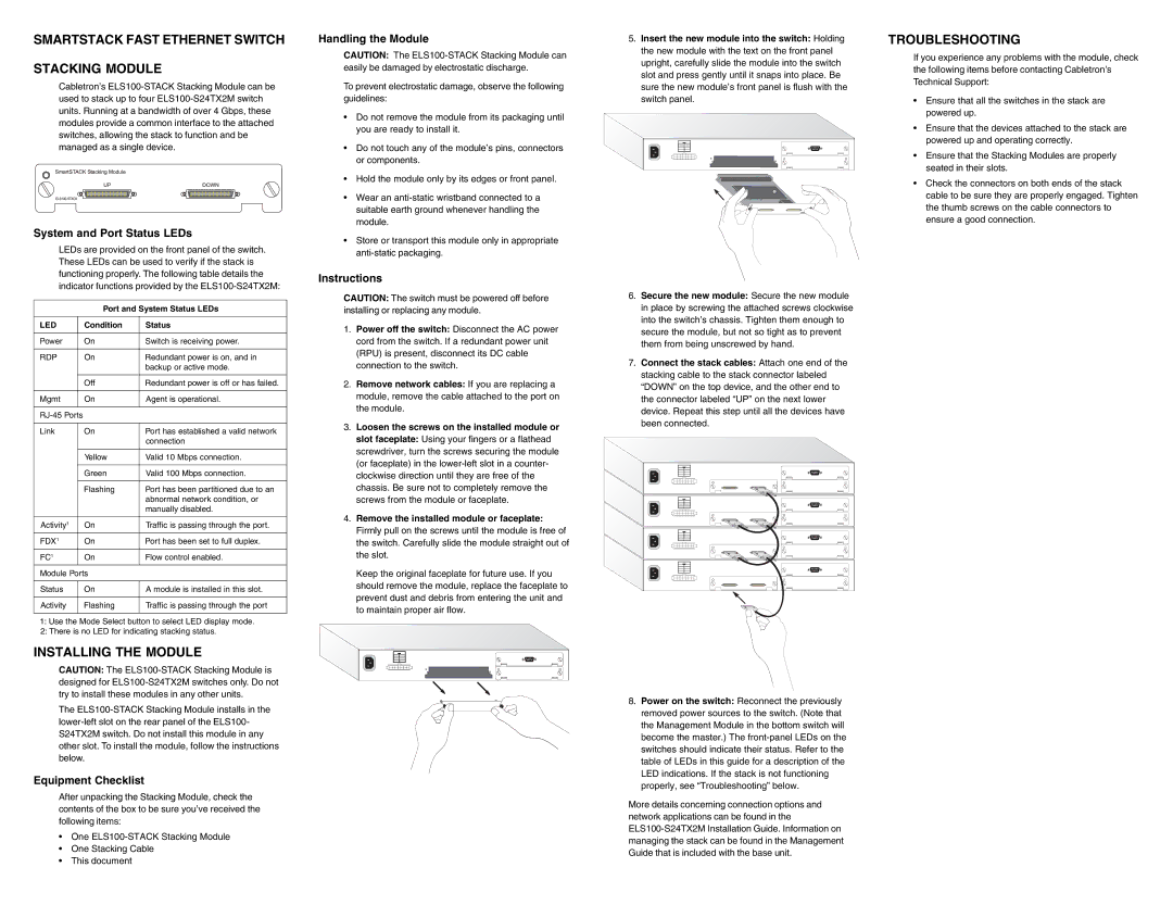 Cabletron Systems ELS100-S24TX2M manual Smartstack Fast Ethernet Switch Stacking Module, Installing the Module 