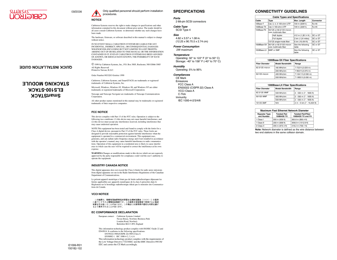 Cabletron Systems ELS100-S24TX2M manual Guide Installation Quick, Specifications, Connectivity Guidelines 