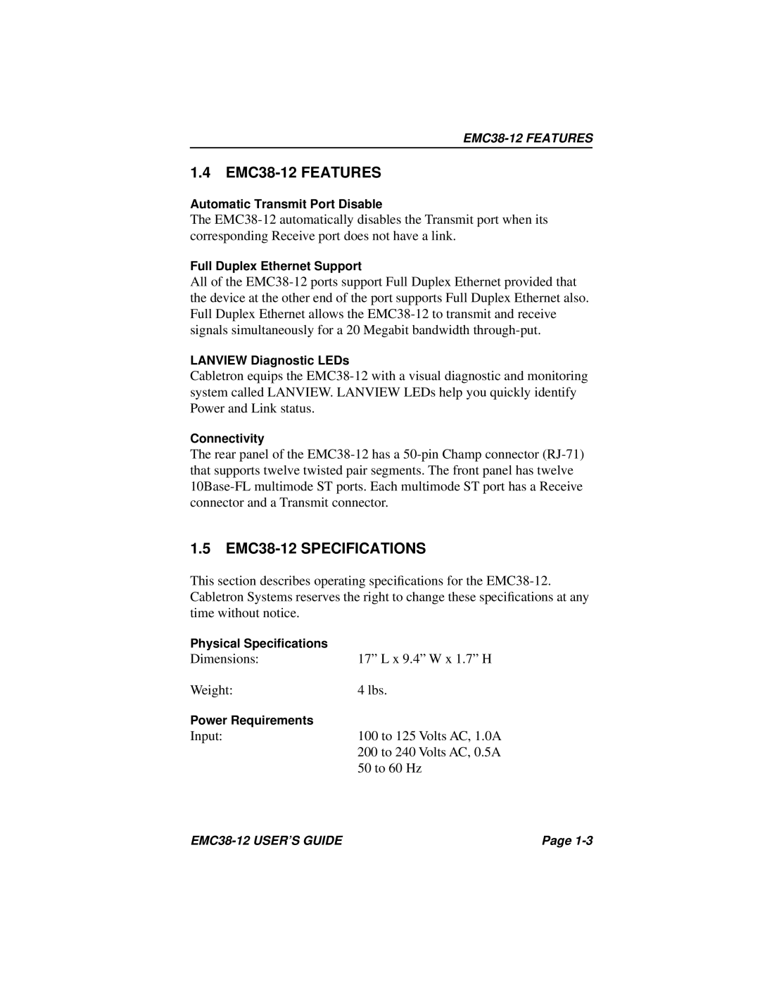 Cabletron Systems manual EMC38-12 Features, EMC38-12 Specifications 