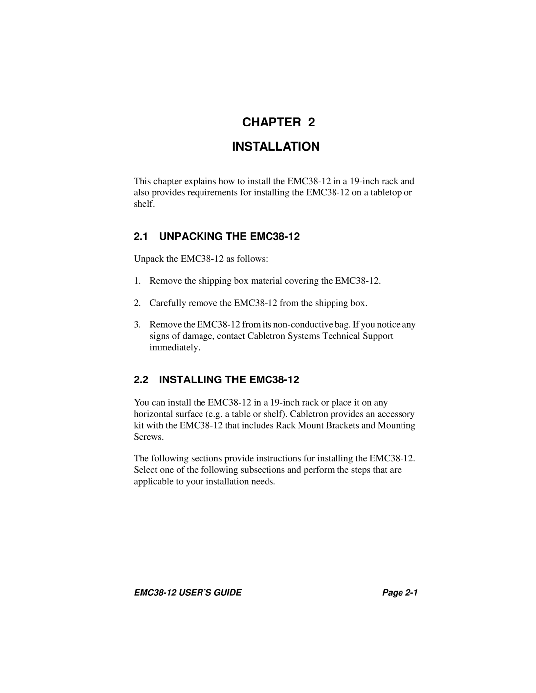 Cabletron Systems manual Chapter Installation, Unpacking the EMC38-12, Installing the EMC38-12 