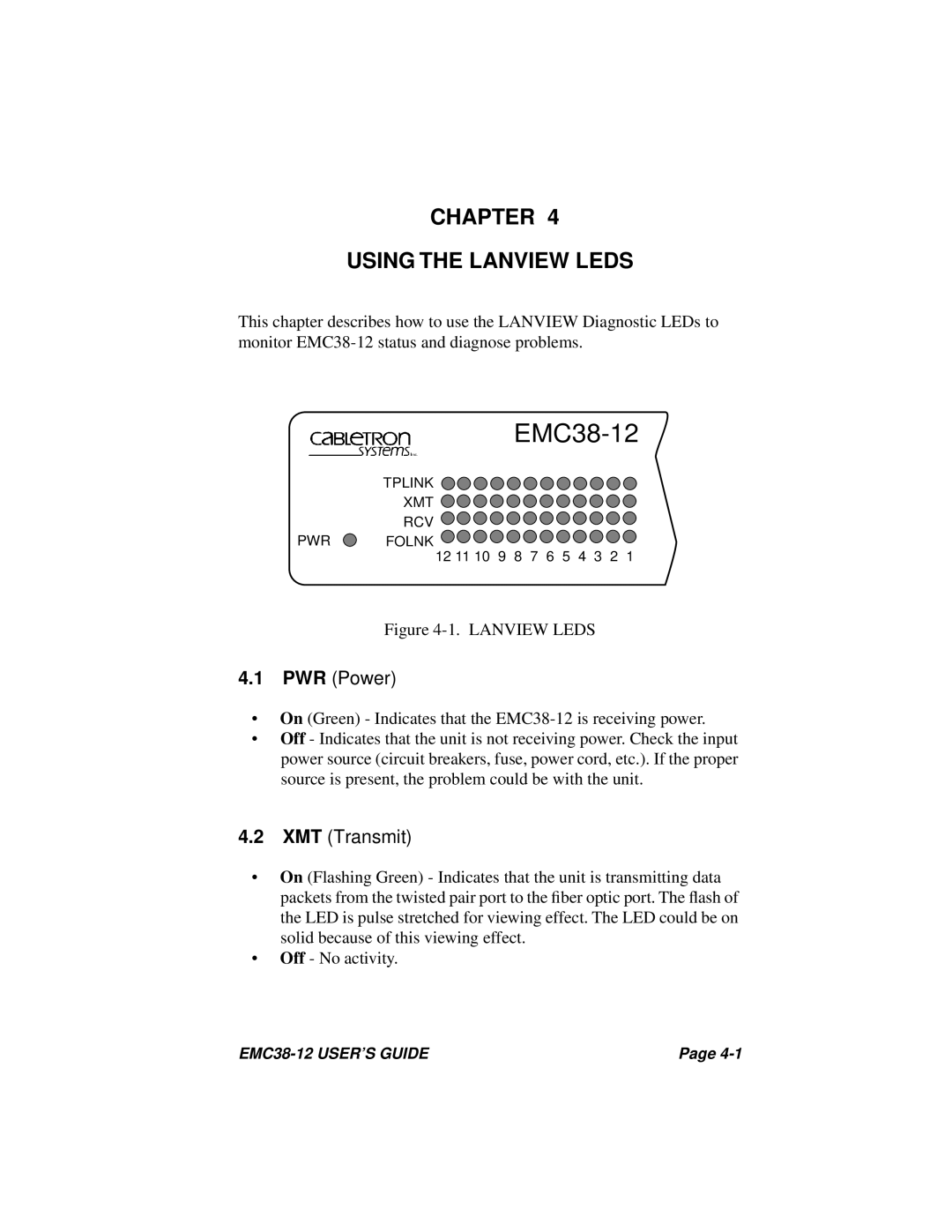 Cabletron Systems EMC38-12 manual Chapter Using the Lanview Leds 