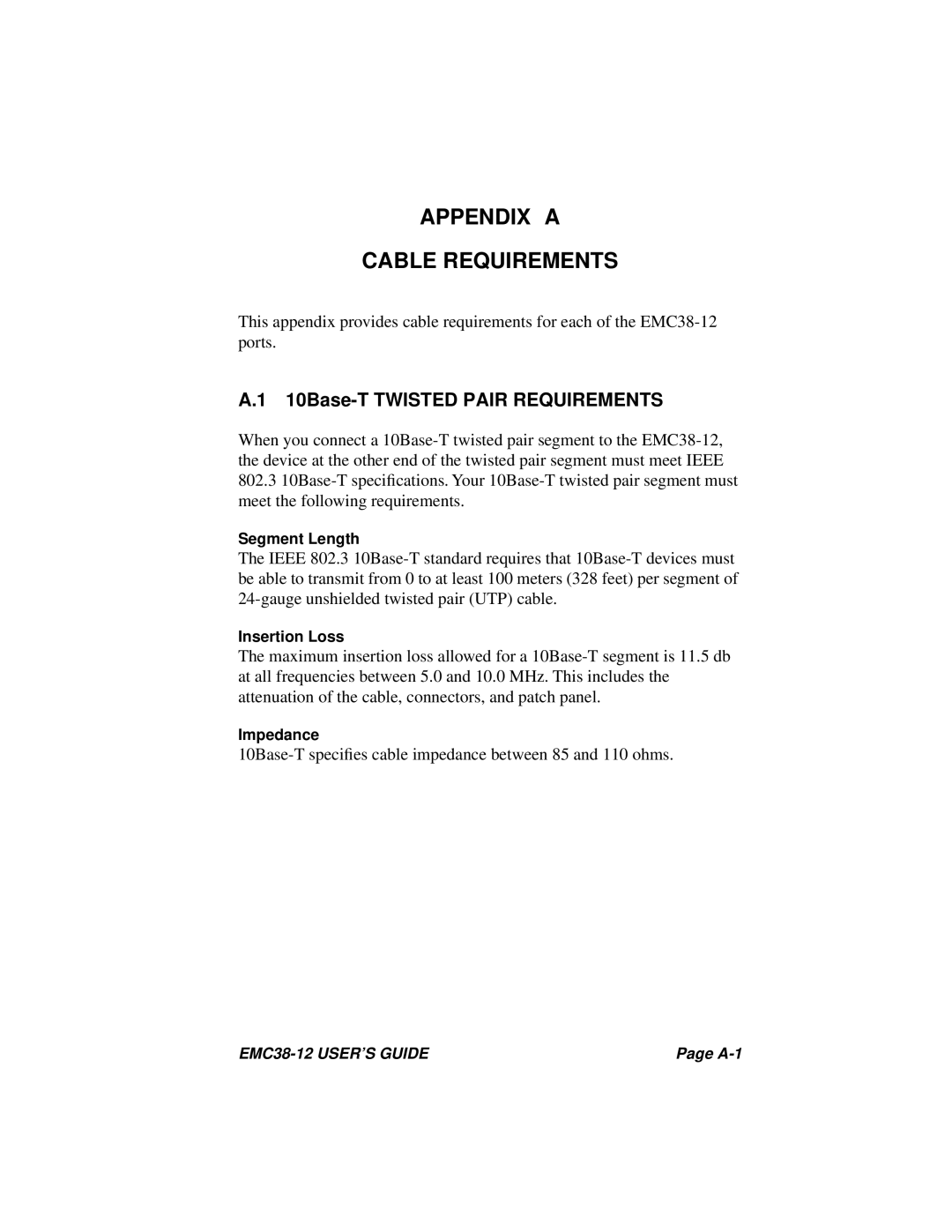 Cabletron Systems EMC38-12 manual Appendix a Cable Requirements, 10Base-T Twisted Pair Requirements 