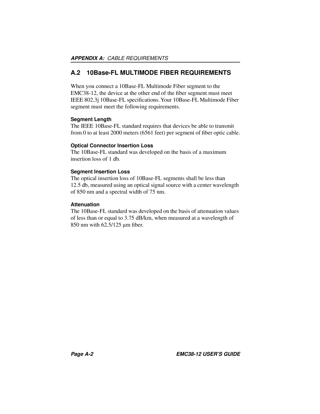 Cabletron Systems EMC38-12 manual 10Base-FL Multimode Fiber Requirements 