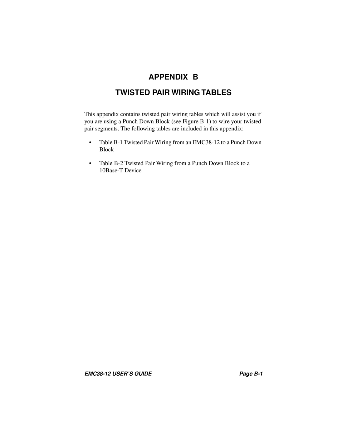 Cabletron Systems EMC38-12 manual Appendix B Twisted Pair Wiring Tables 