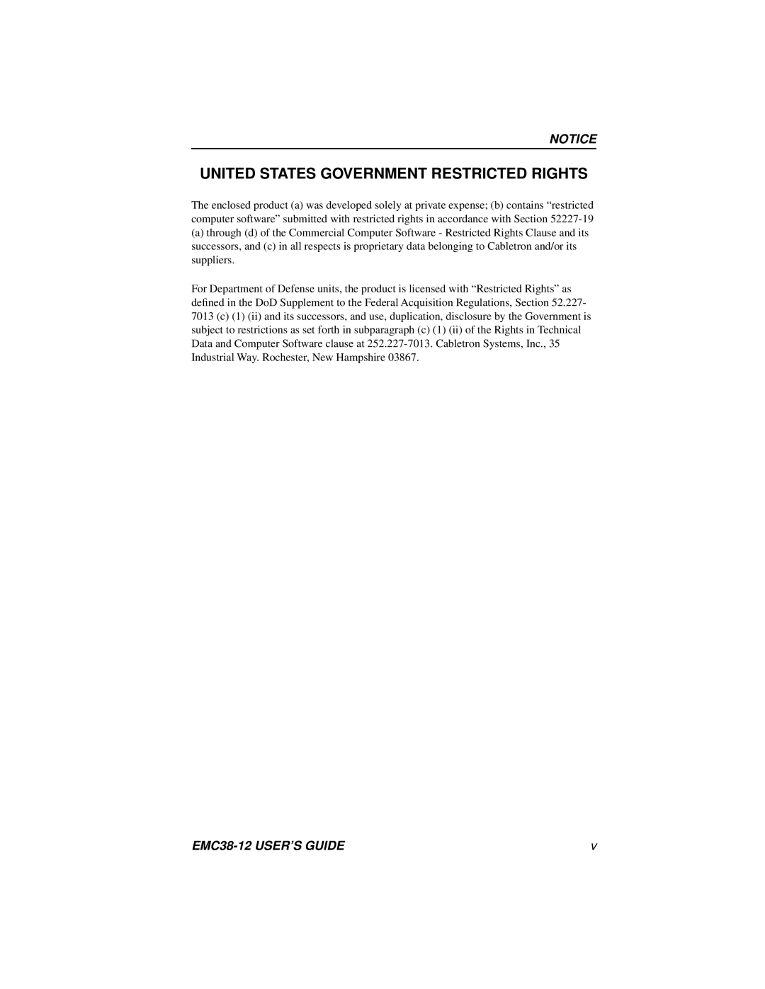 Cabletron Systems EMC38-12 manual United States Government Restricted Rights 