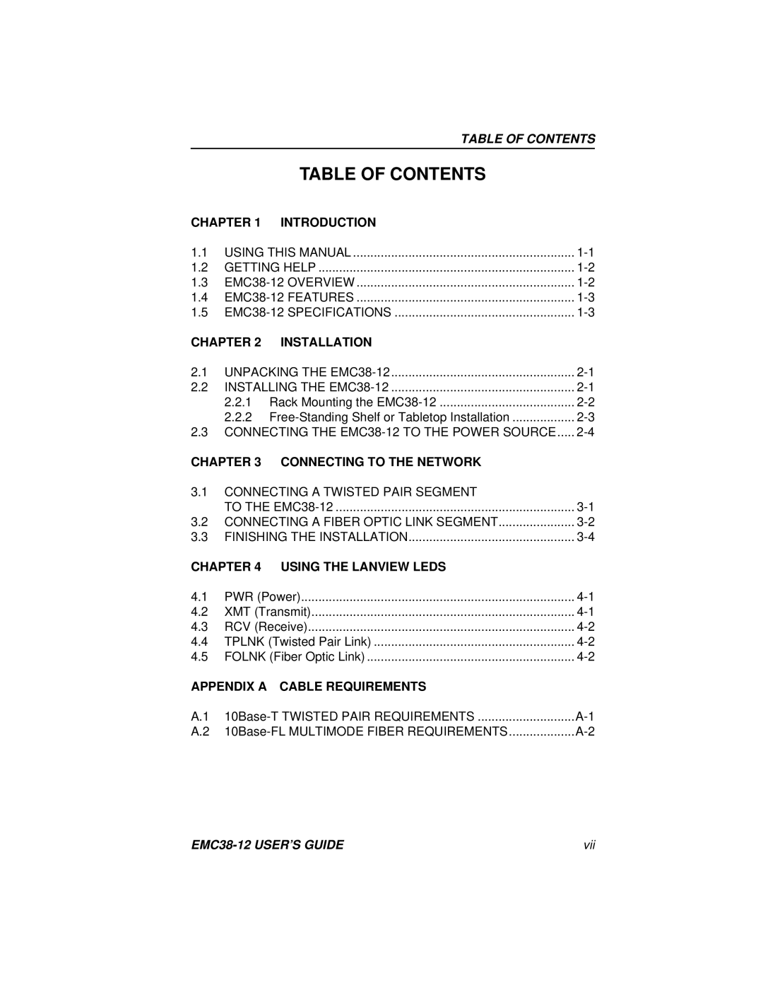 Cabletron Systems EMC38-12 manual Table of Contents 