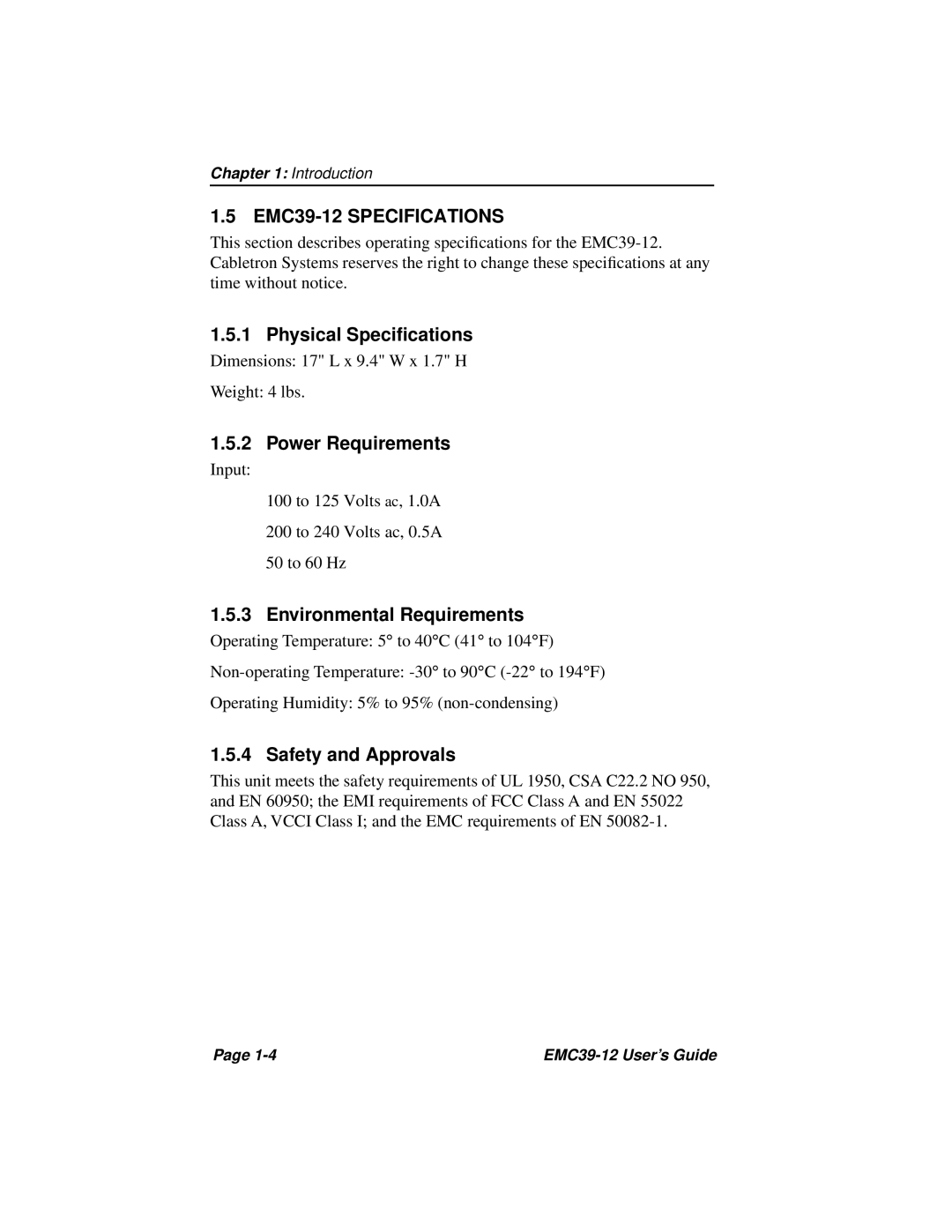 Cabletron Systems manual EMC39-12 Specifications, Environmental Requirements 