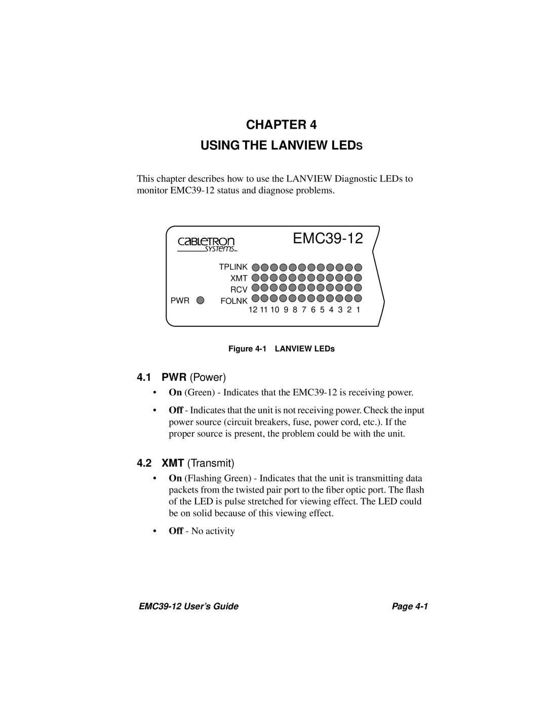 Cabletron Systems EMC39-12 manual Chapter Using the Lanview Leds 