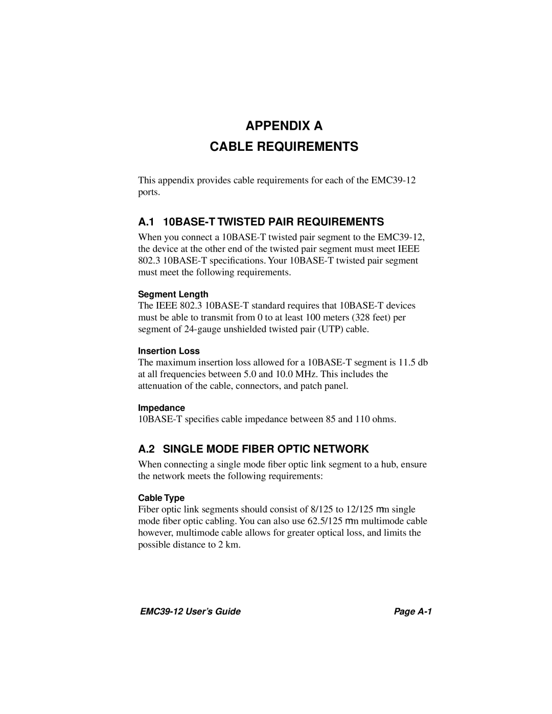 Cabletron Systems EMC39-12 manual Appendix a Cable Requirements, 10BASE-T Twisted Pair Requirements 