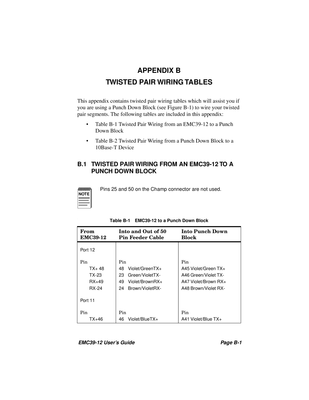 Cabletron Systems EMC39-12 manual Appendix B Twisted Pair Wiring Tables 