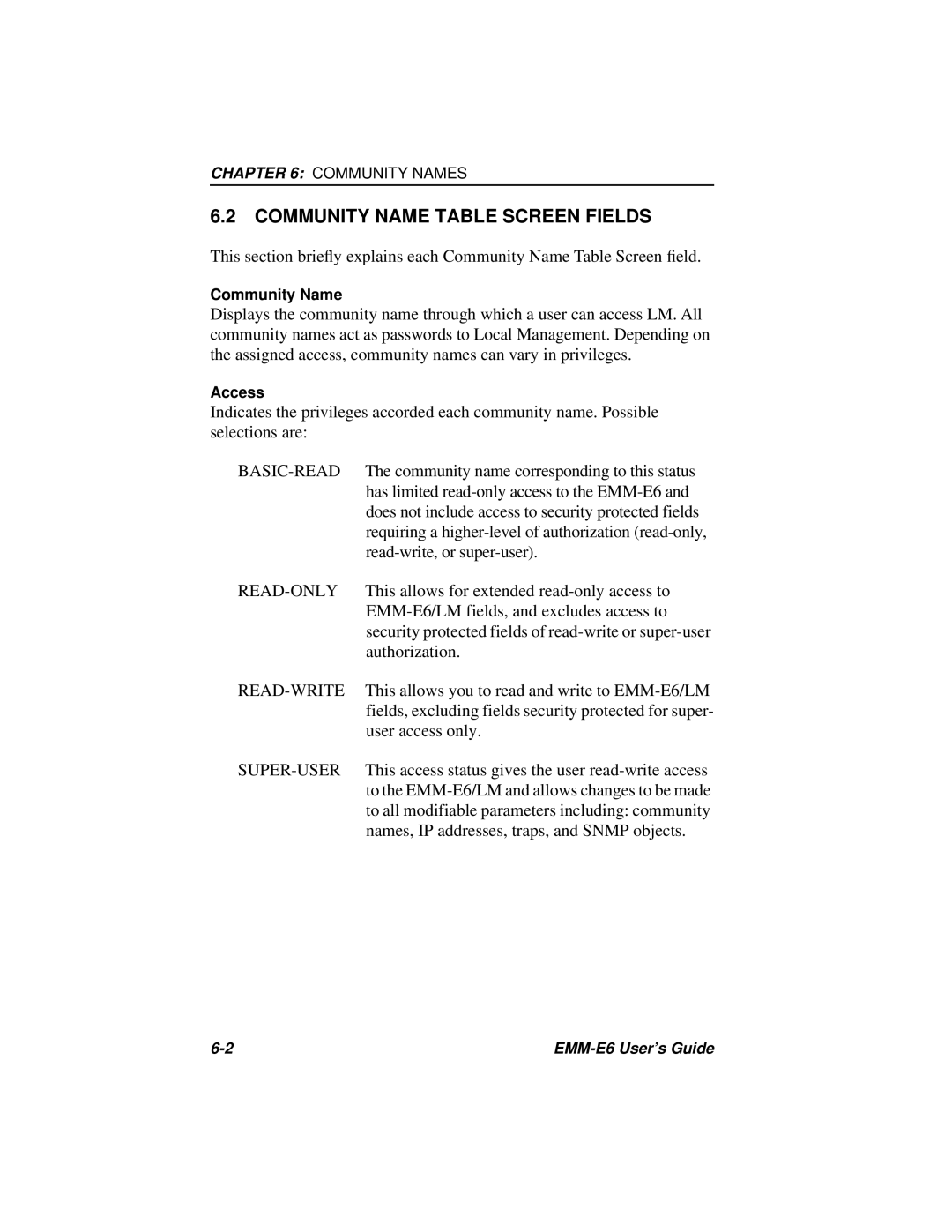 Cabletron Systems EMM-E6 Ethernet manual Community Name Table Screen Fields, Access 