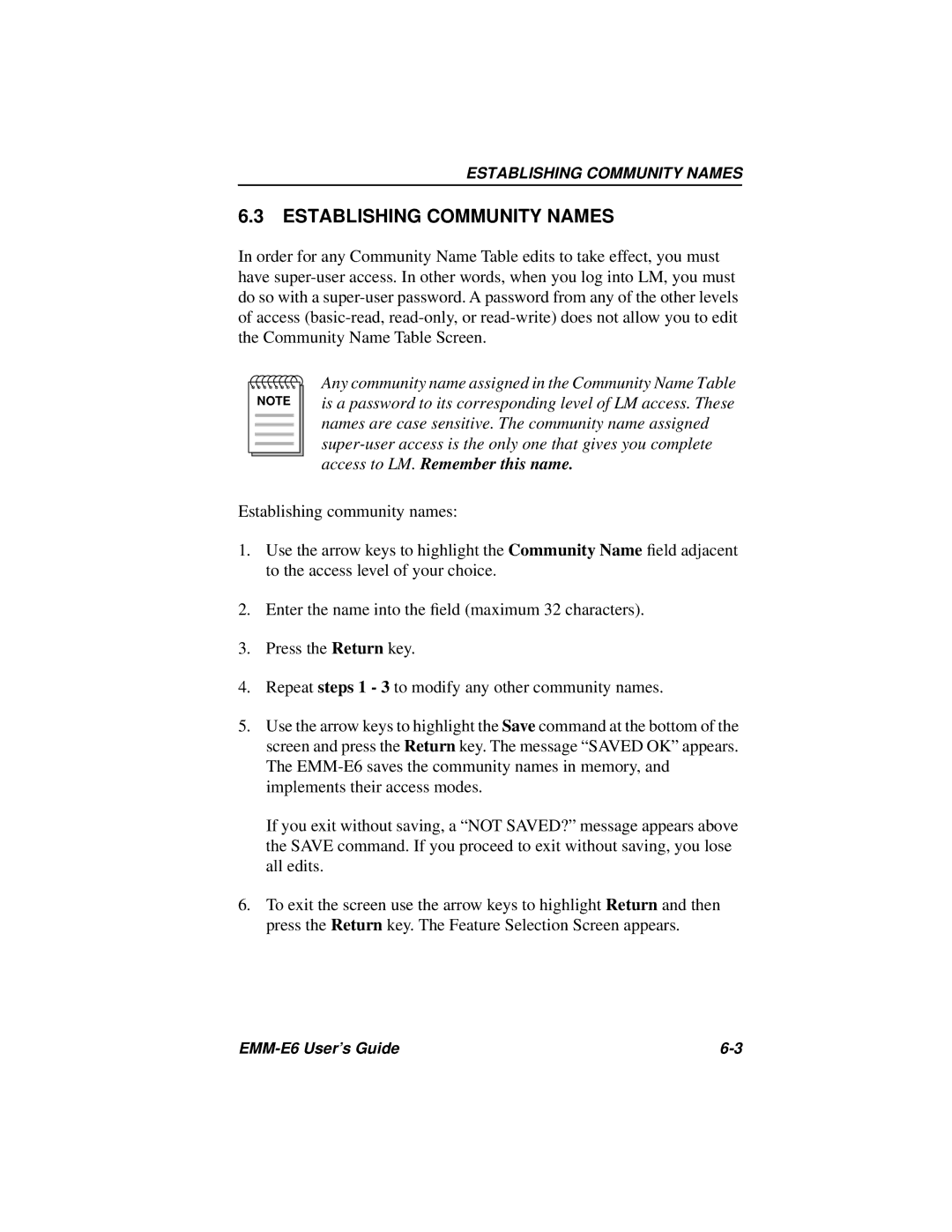 Cabletron Systems EMM-E6 Ethernet manual Establishing Community Names 