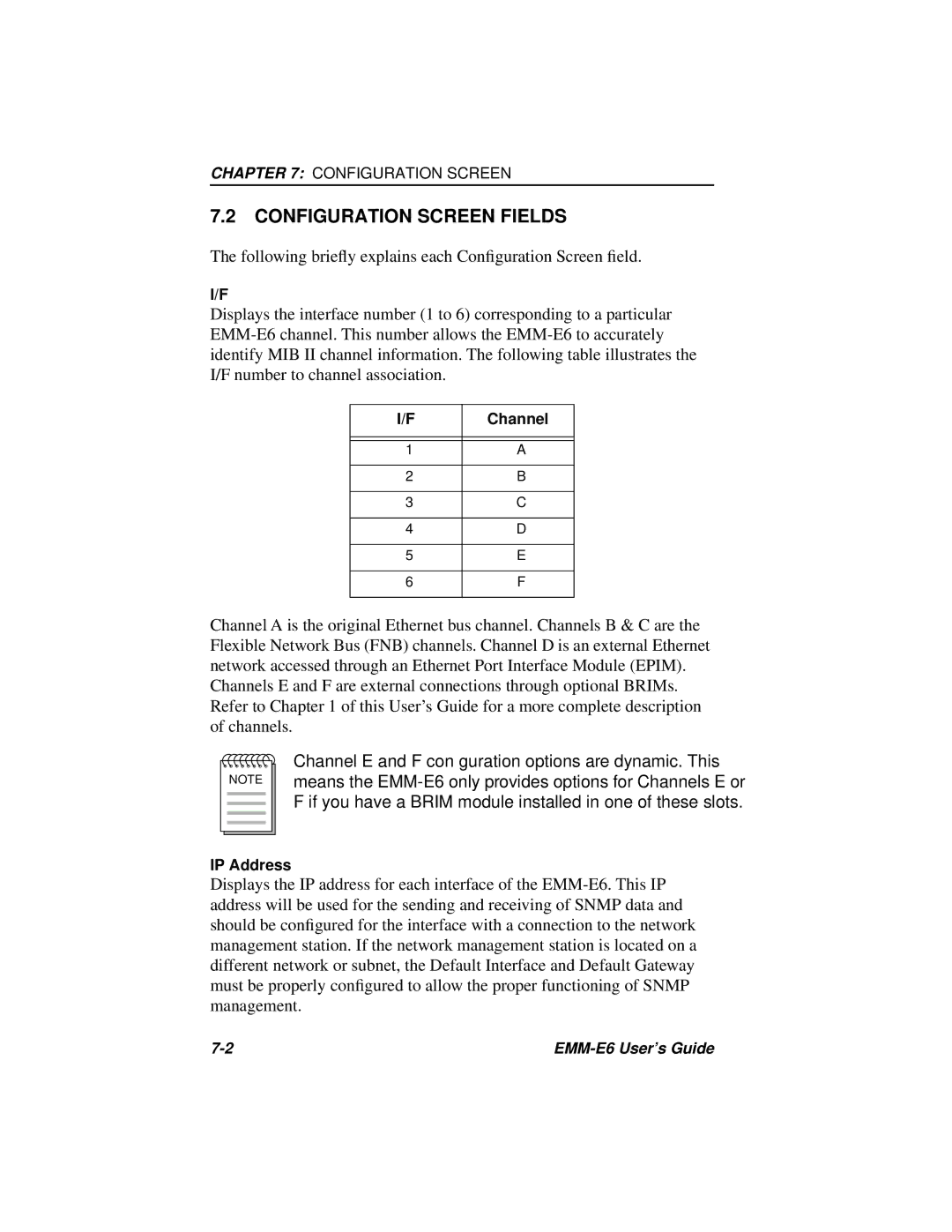 Cabletron Systems EMM-E6 Ethernet manual Configuration Screen Fields, Channel, IP Address 