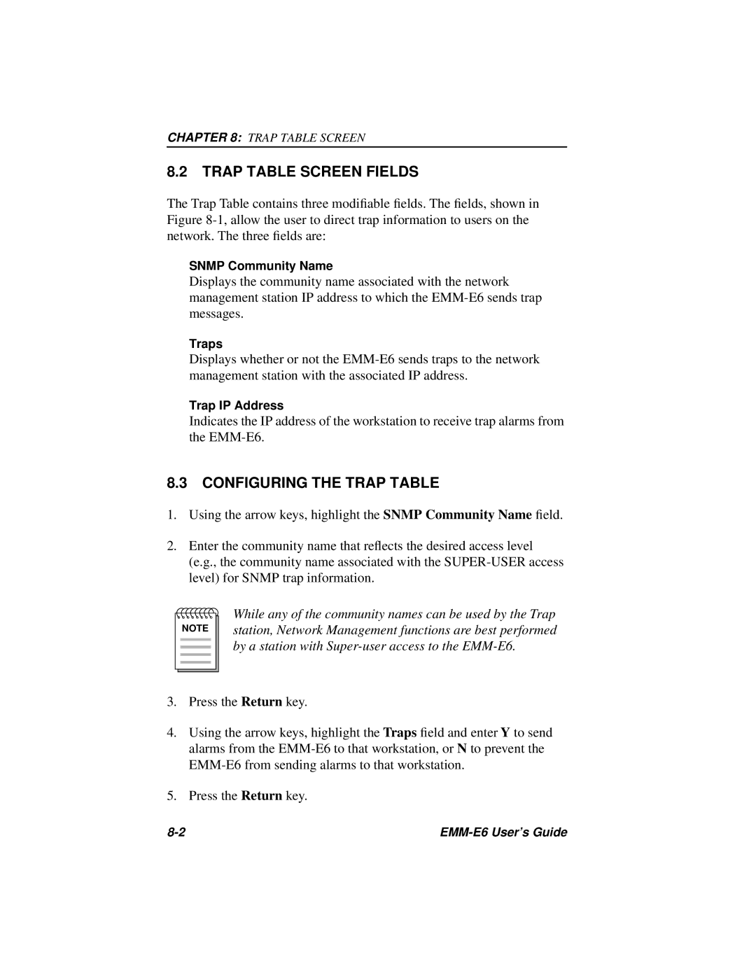 Cabletron Systems EMM-E6 Ethernet manual Trap Table Screen Fields, Configuring the Trap Table, Snmp Community Name, Traps 