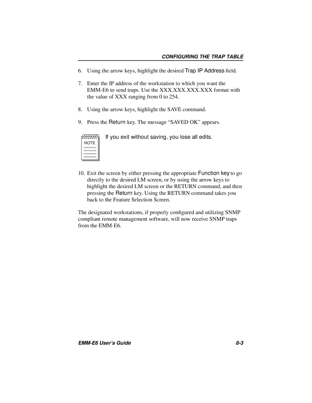 Cabletron Systems EMM-E6 Ethernet manual If you exit without saving, you lose all edits 