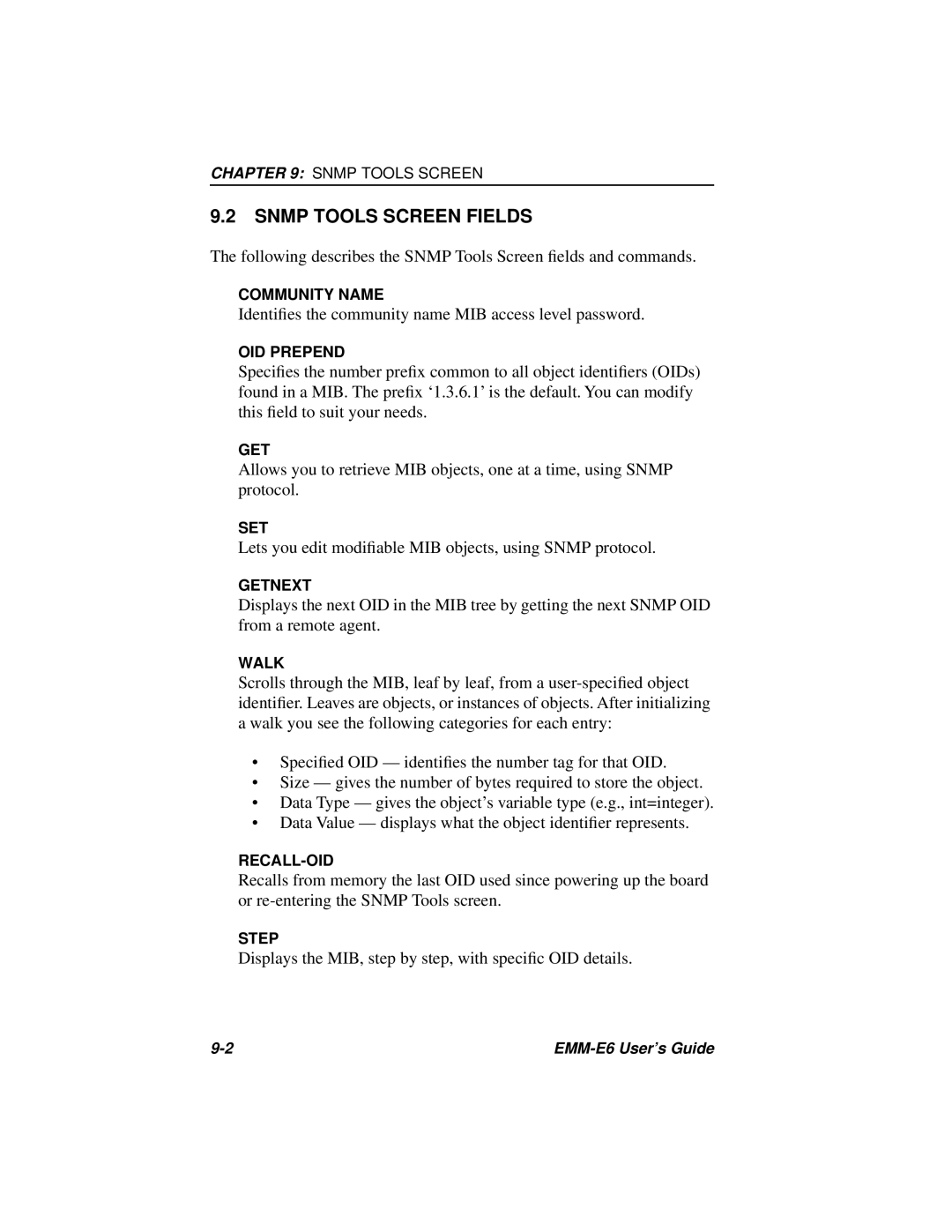 Cabletron Systems EMM-E6 Ethernet manual Snmp Tools Screen Fields 