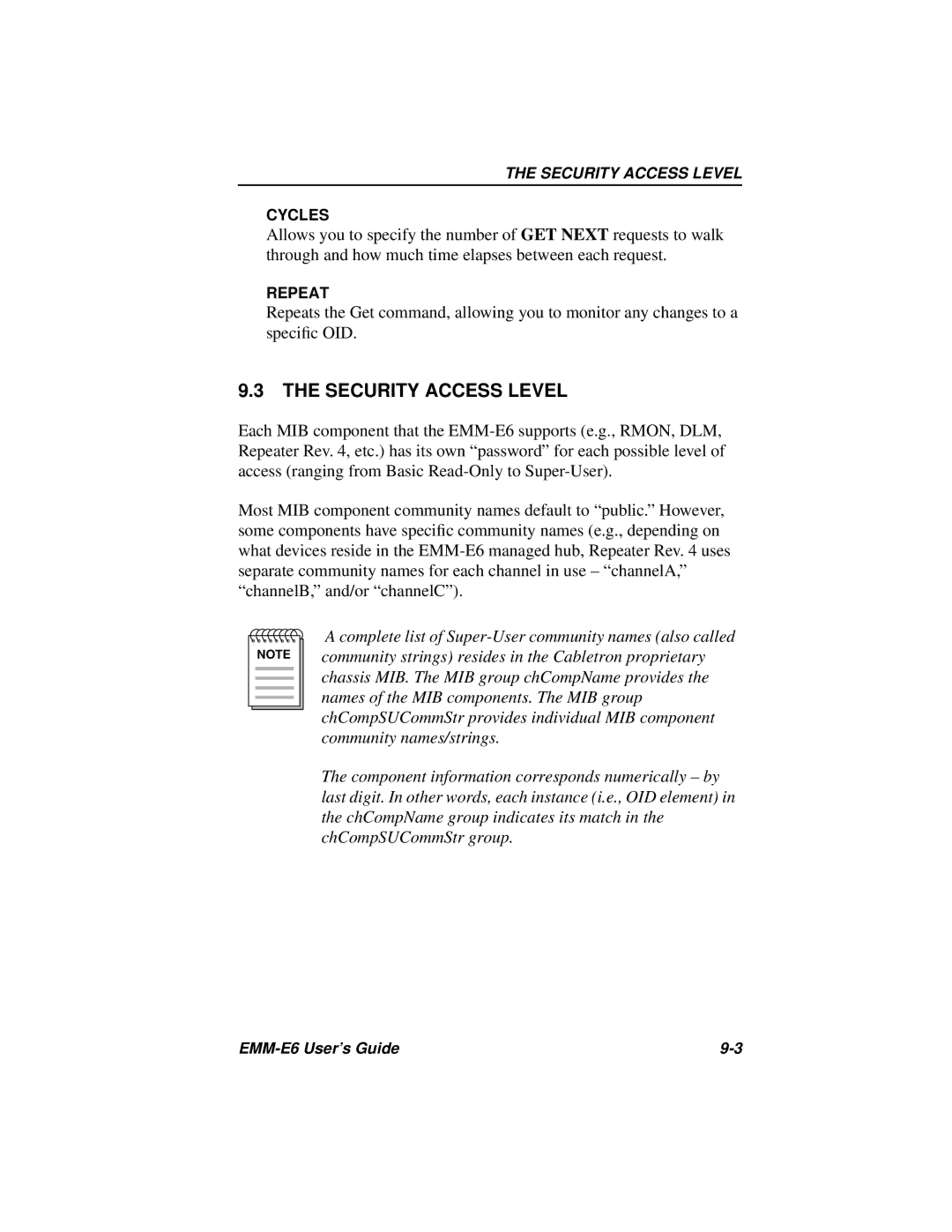 Cabletron Systems EMM-E6 Ethernet manual Security Access Level, Cycles, Repeat 