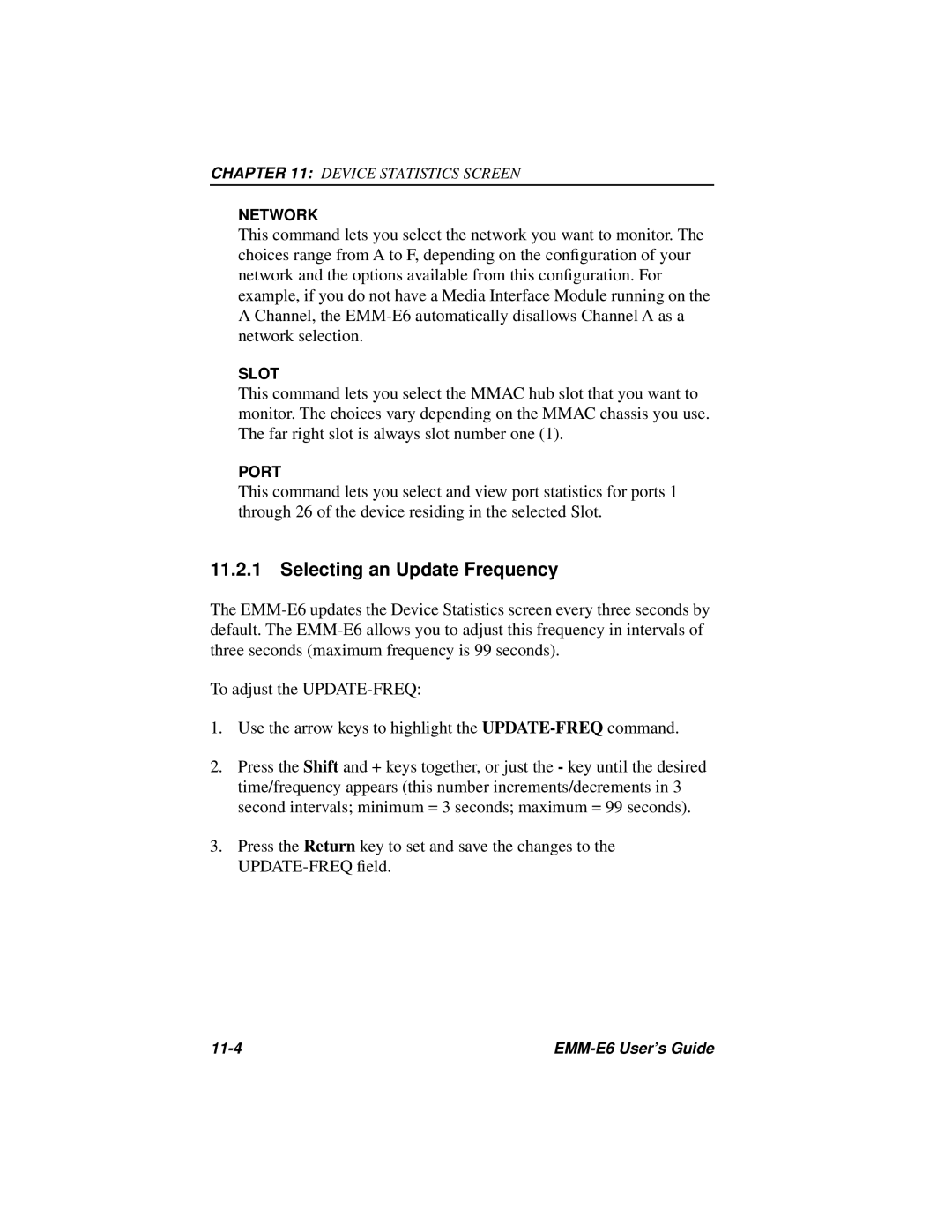 Cabletron Systems EMM-E6 Ethernet manual Selecting an Update Frequency, Network, Slot, Port 