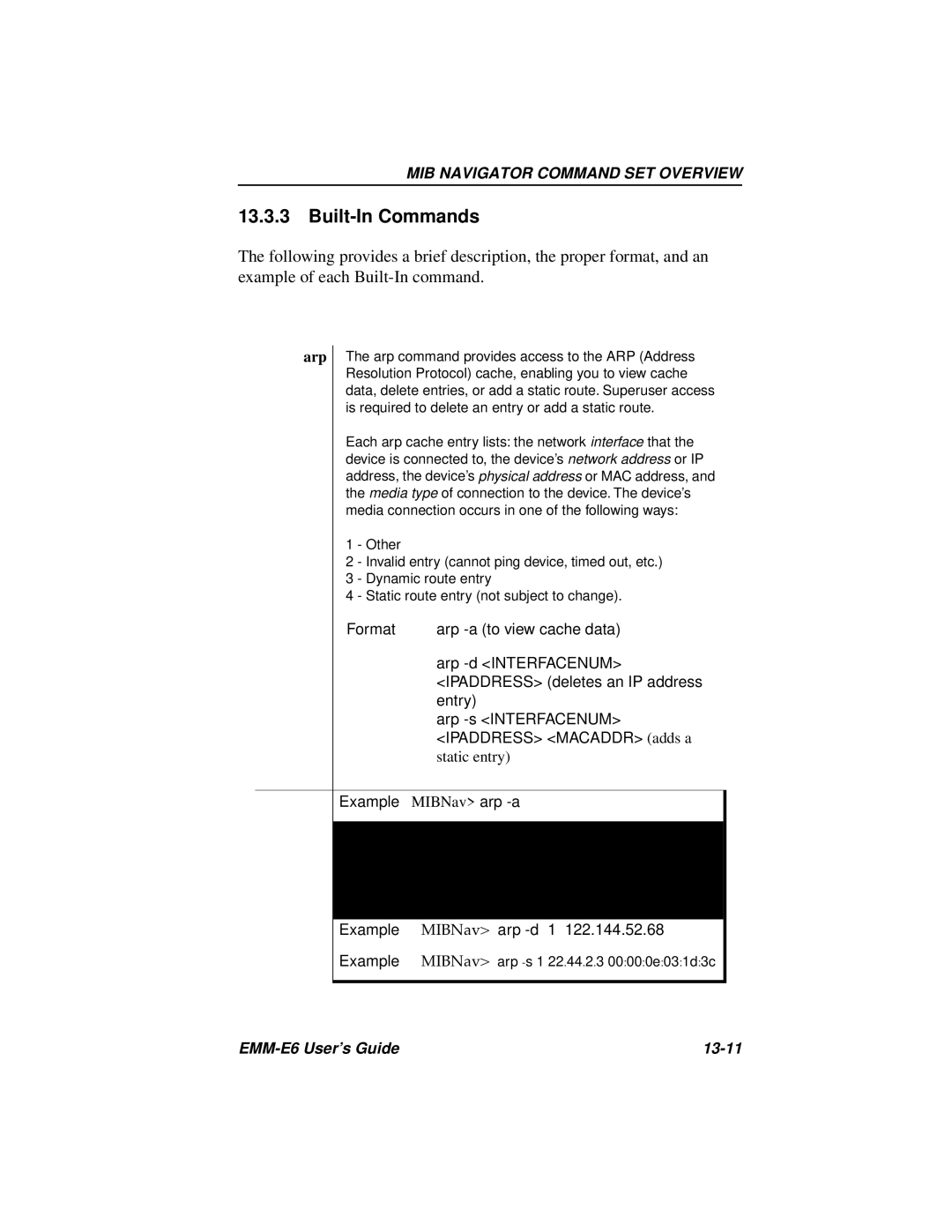 Cabletron Systems EMM-E6 Ethernet manual Built-In Commands, Example MIBNav arp -a 