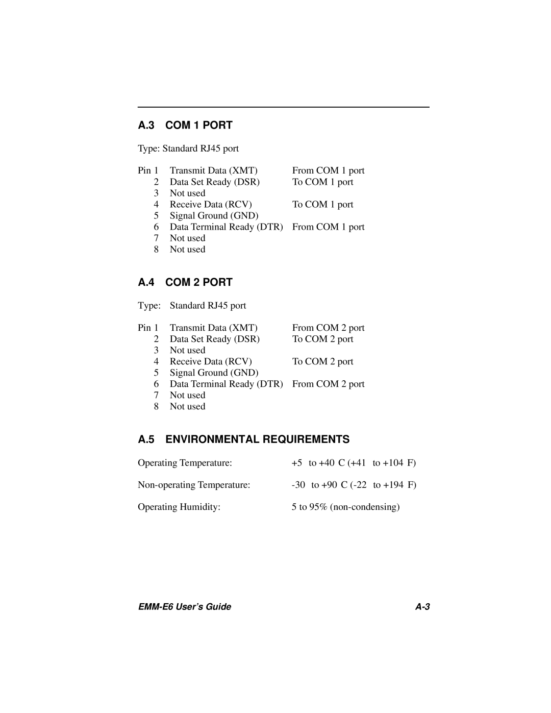 Cabletron Systems EMM-E6 Ethernet manual COM 1 Port, COM 2 Port, Environmental Requirements 