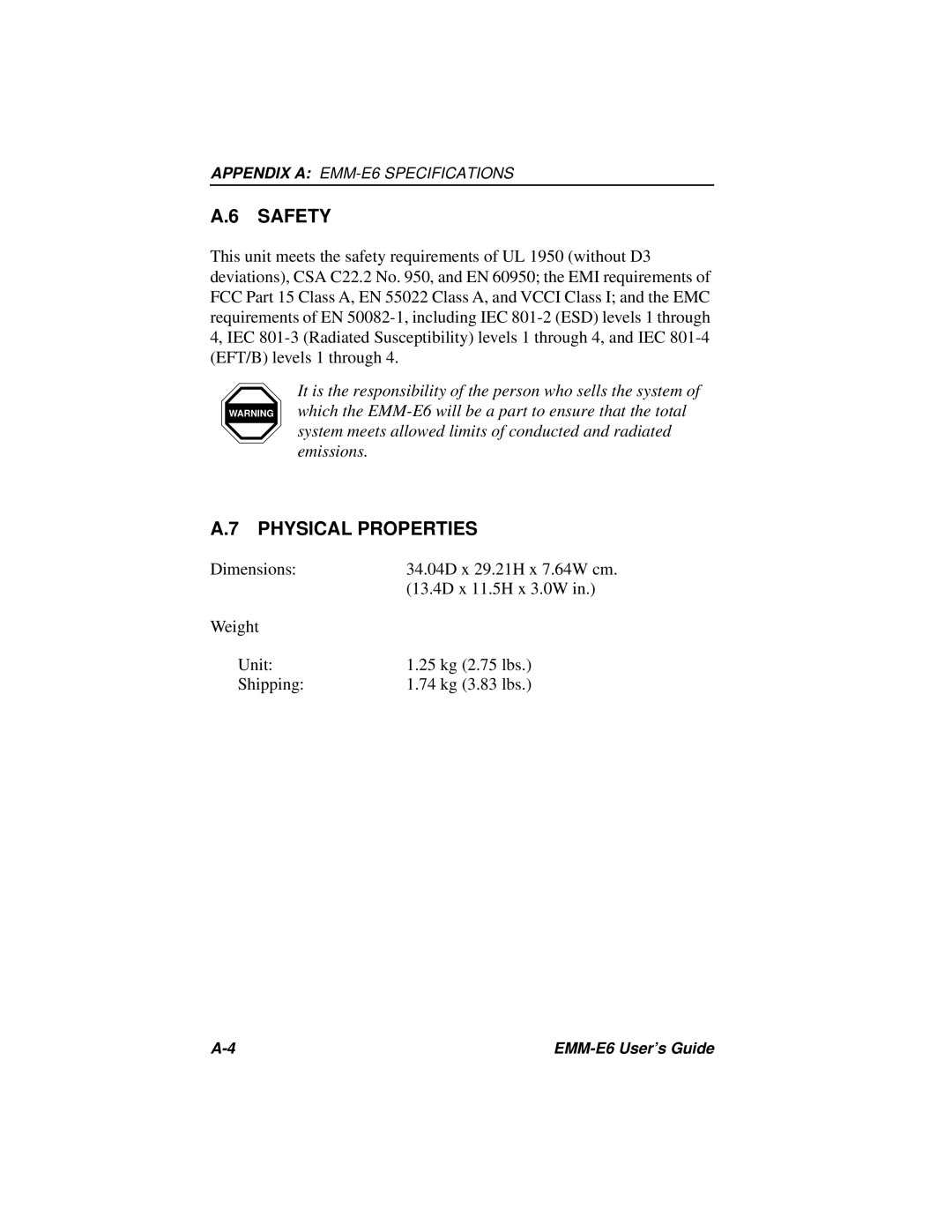 Cabletron Systems EMM-E6 Ethernet manual Safety, Physical Properties 