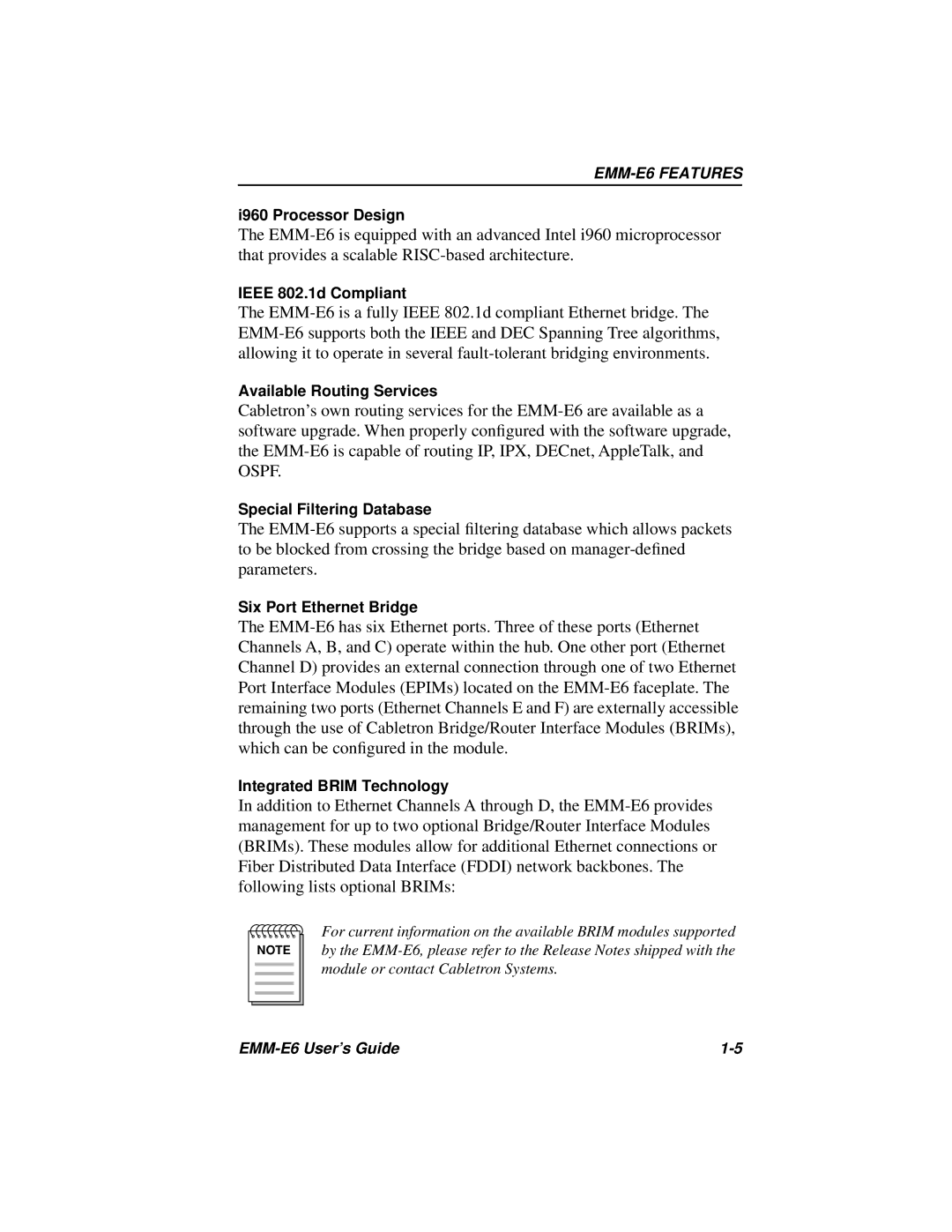 Cabletron Systems EMM-E6 Ethernet manual I960 Processor Design, Ieee 802.1d Compliant, Available Routing Services 