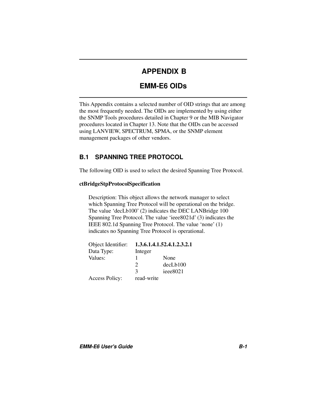 Cabletron Systems EMM-E6 Ethernet manual Appendix B, Spanning Tree Protocol, CtBridgeStpProtocolSpecification 