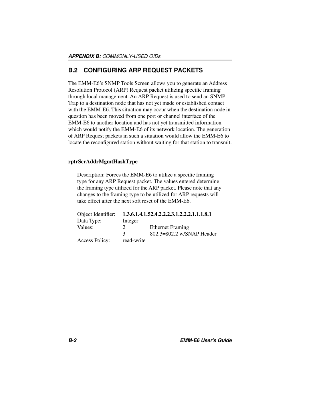 Cabletron Systems EMM-E6 Ethernet manual Configuring ARP Request Packets, RptrScrAddrMgmtHashType 