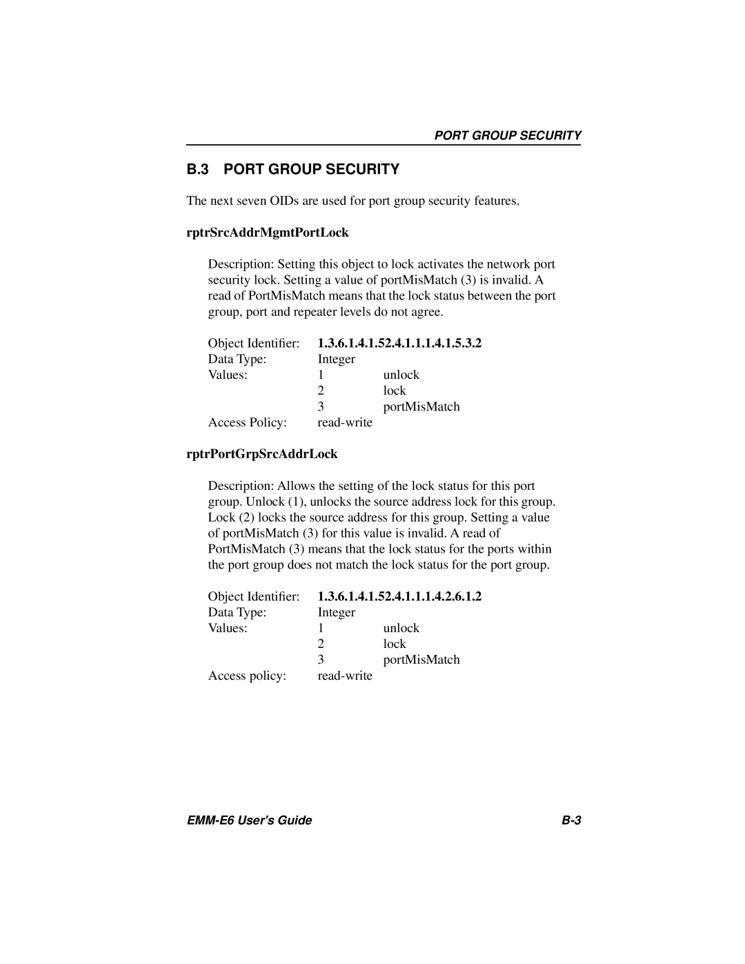 Cabletron Systems EMM-E6 Ethernet manual Port Group Security, RptrSrcAddrMgmtPortLock, RptrPortGrpSrcAddrLock 