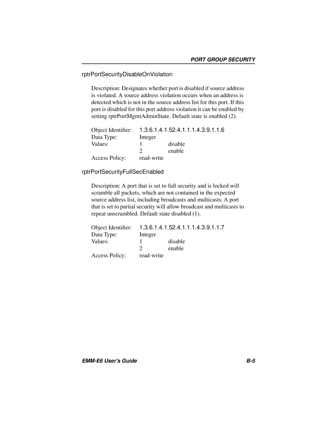 Cabletron Systems EMM-E6 Ethernet manual RptrPortSecurityDisableOnViolation, RptrPortSecurityFullSecEnabled 