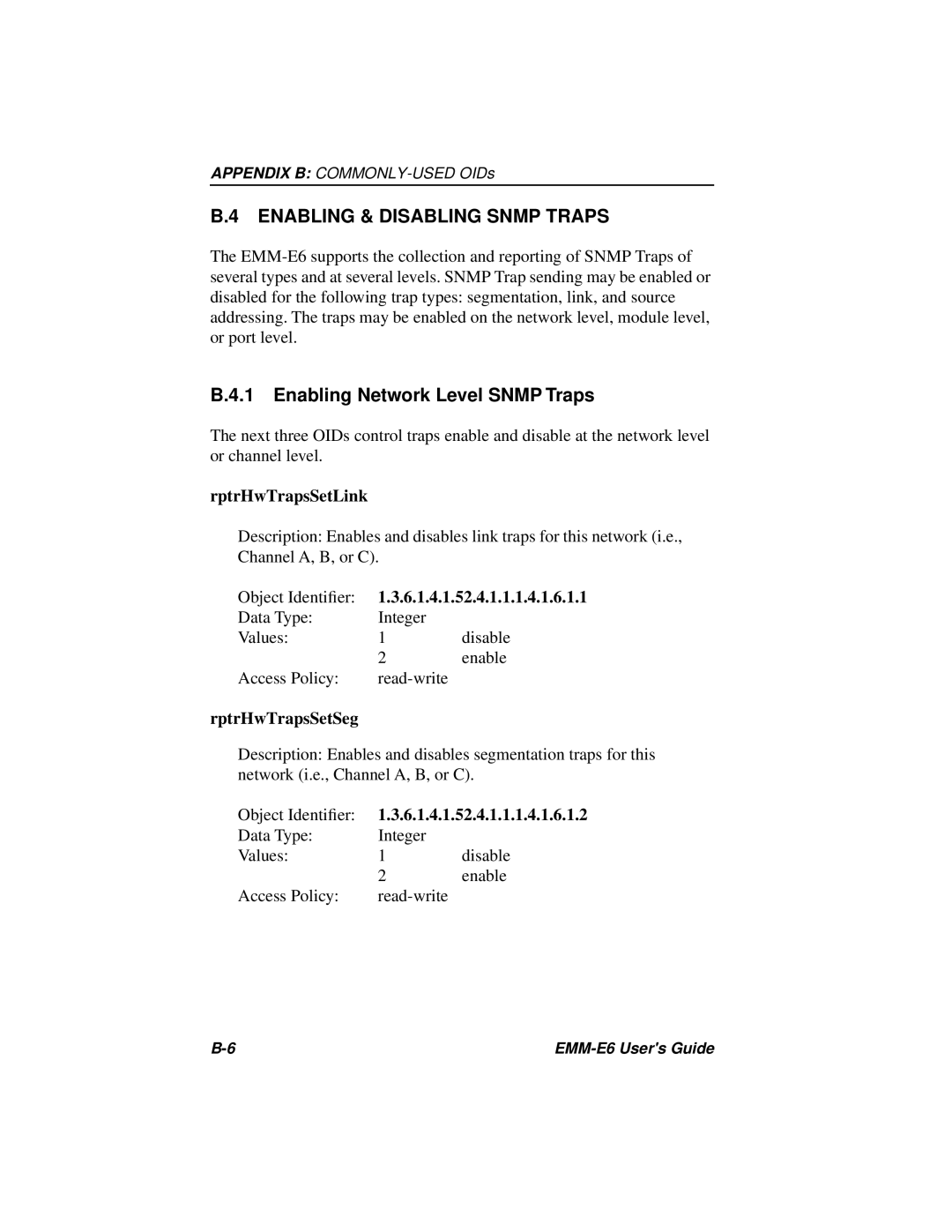 Cabletron Systems EMM-E6 Ethernet Enabling & Disabling Snmp Traps, Enabling Network Level Snmp Traps, RptrHwTrapsSetLink 