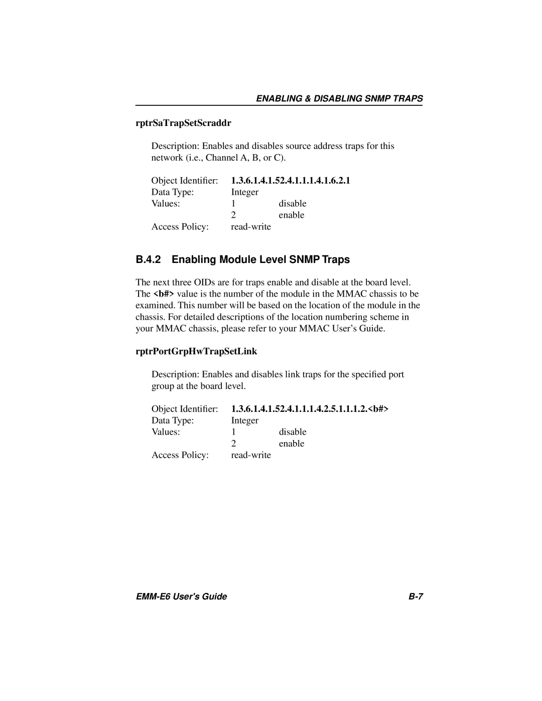 Cabletron Systems EMM-E6 Ethernet manual Enabling Module Level Snmp Traps, RptrSaTrapSetScraddr, RptrPortGrpHwTrapSetLink 