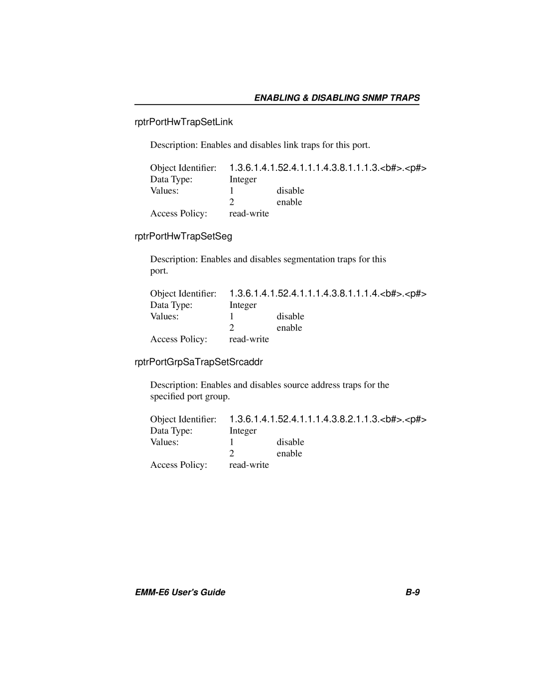 Cabletron Systems EMM-E6 Ethernet manual RptrPortHwTrapSetLink, RptrPortHwTrapSetSeg 