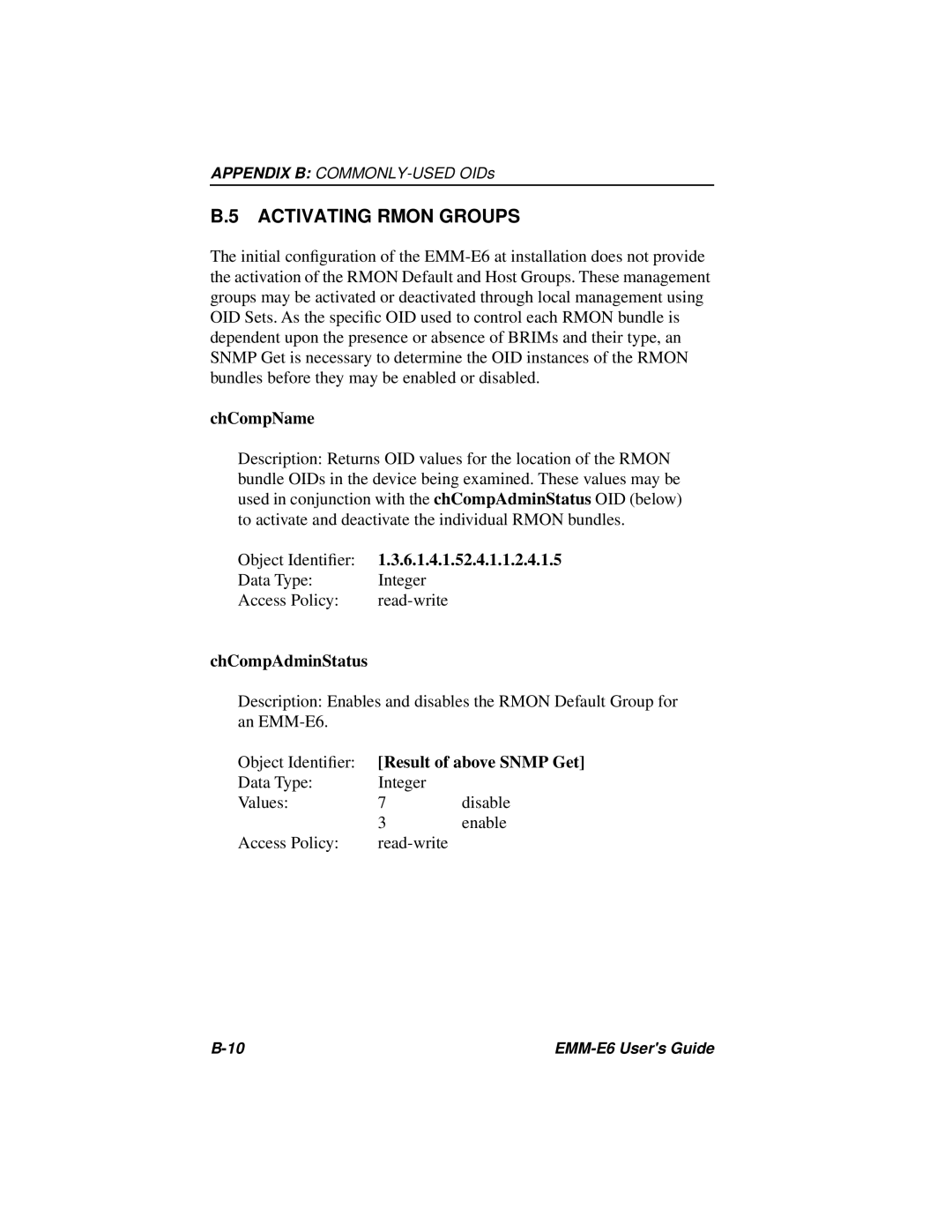 Cabletron Systems EMM-E6 Ethernet manual Activating Rmon Groups, ChCompName, ChCompAdminStatus 