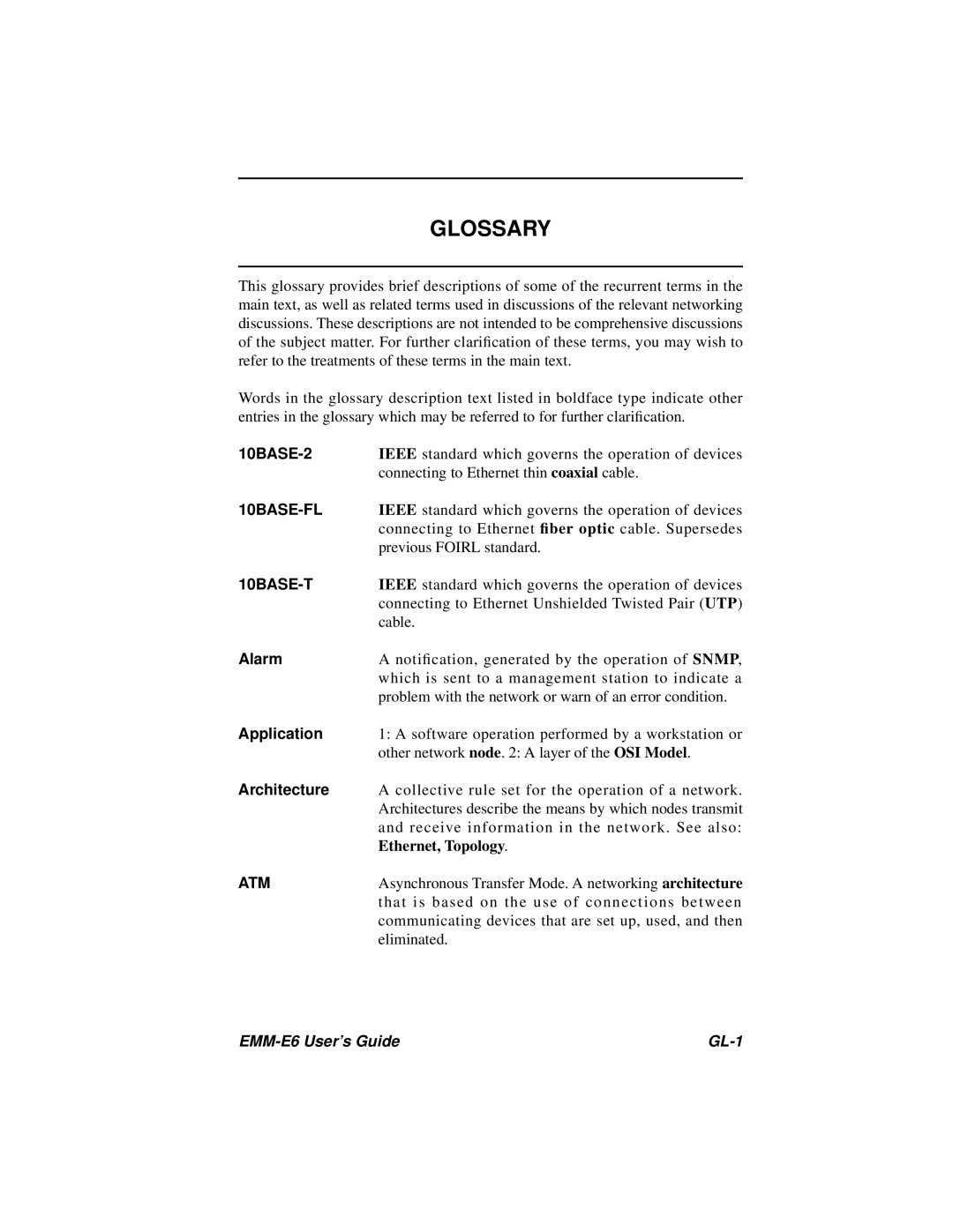 Cabletron Systems EMM-E6 Ethernet manual Glossary, 10BASE-FL, 10BASE-T, Atm 