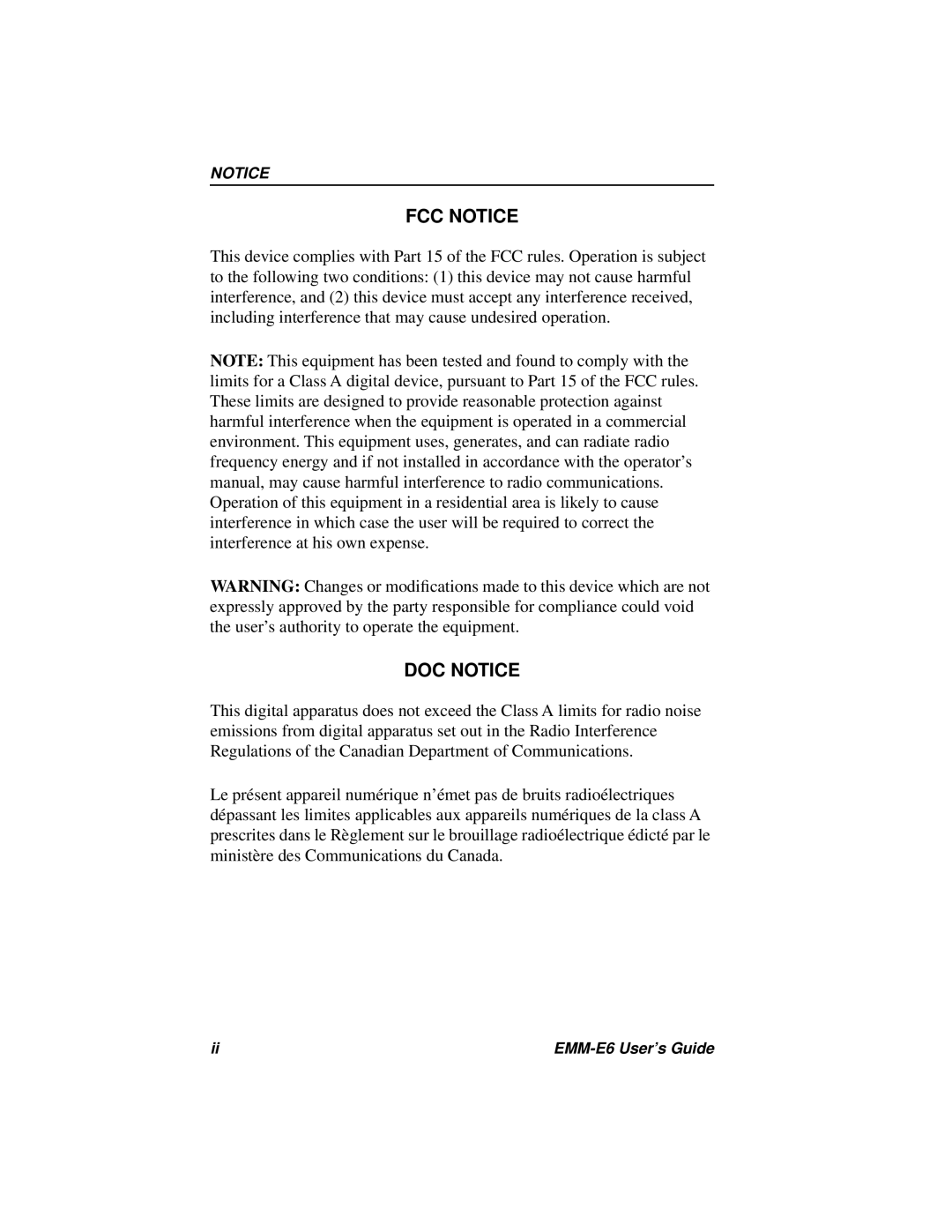 Cabletron Systems EMM-E6 Ethernet manual FCC Notice, DOC Notice 