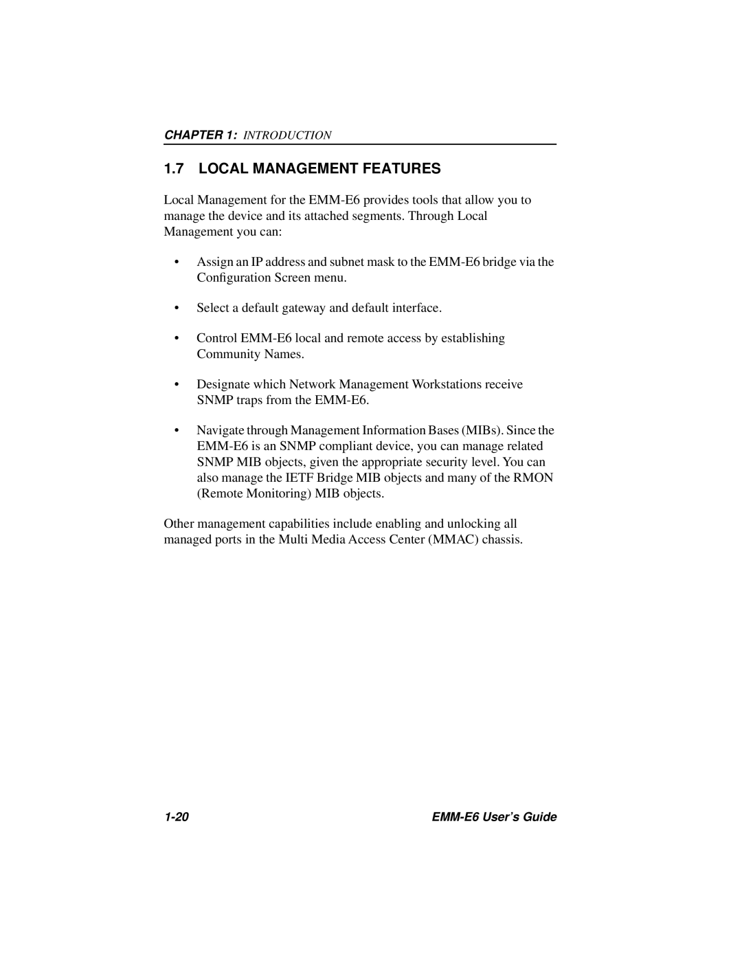 Cabletron Systems EMM-E6 Ethernet manual Local Management Features 