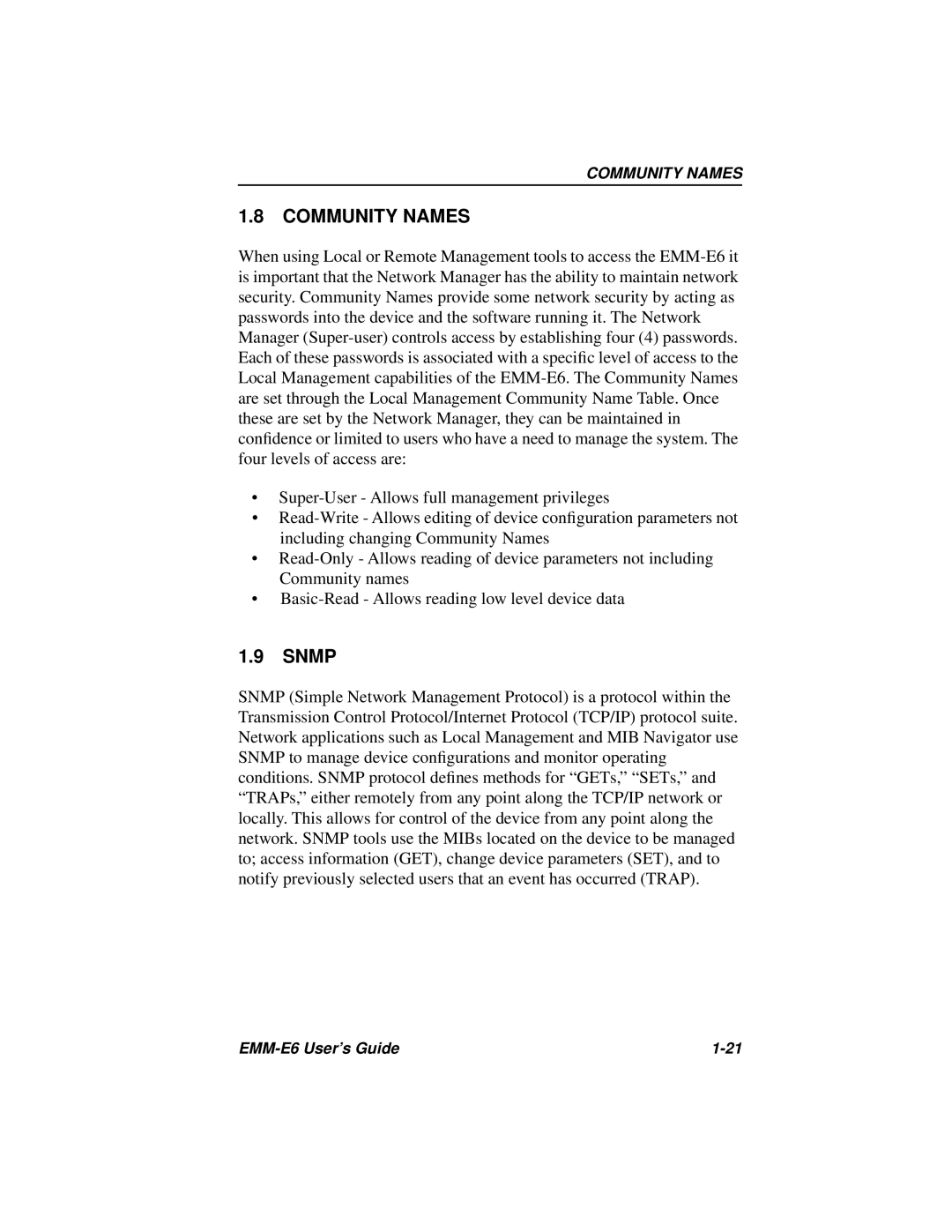 Cabletron Systems EMM-E6 Ethernet manual Community Names, Snmp 