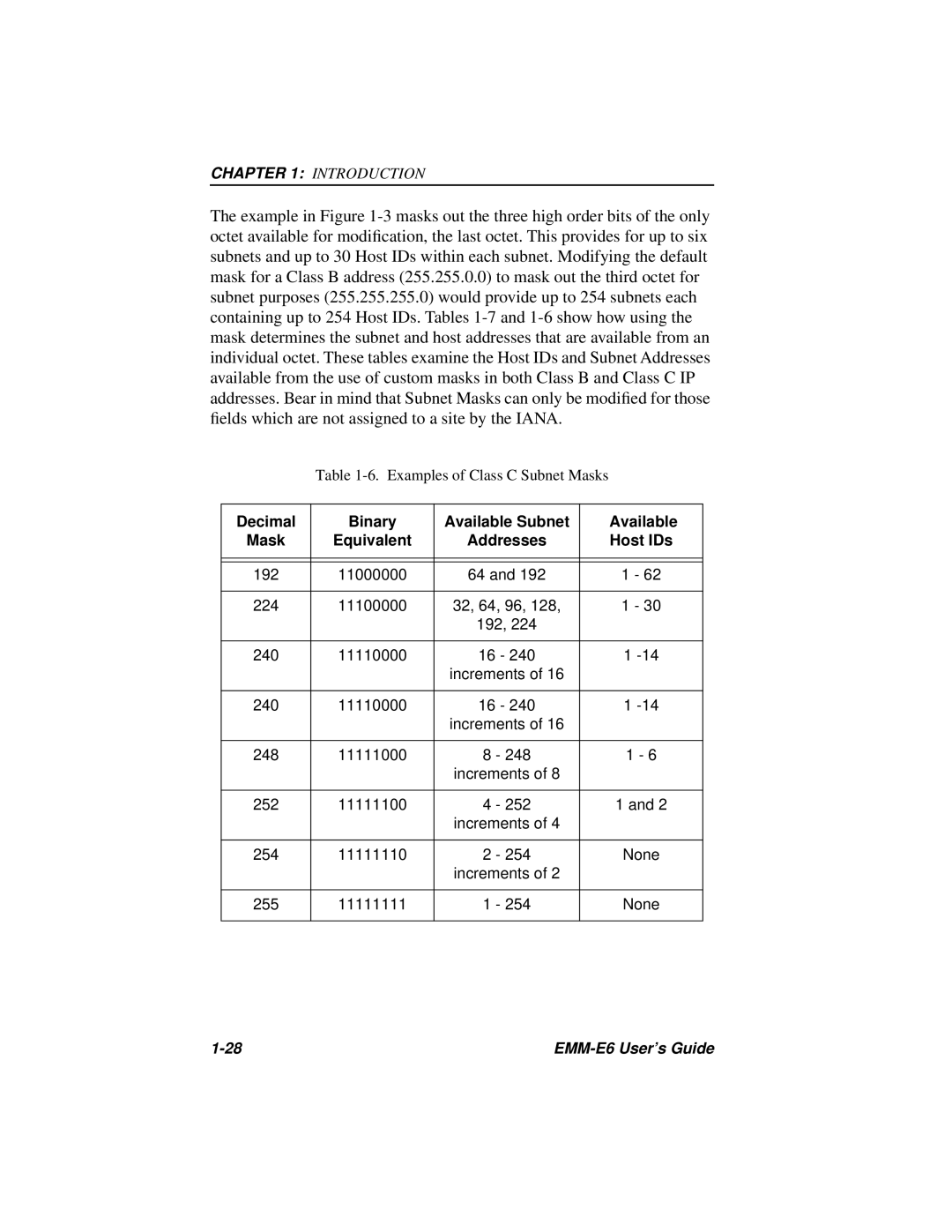 Cabletron Systems EMM-E6 Ethernet manual Examples of Class C Subnet Masks 