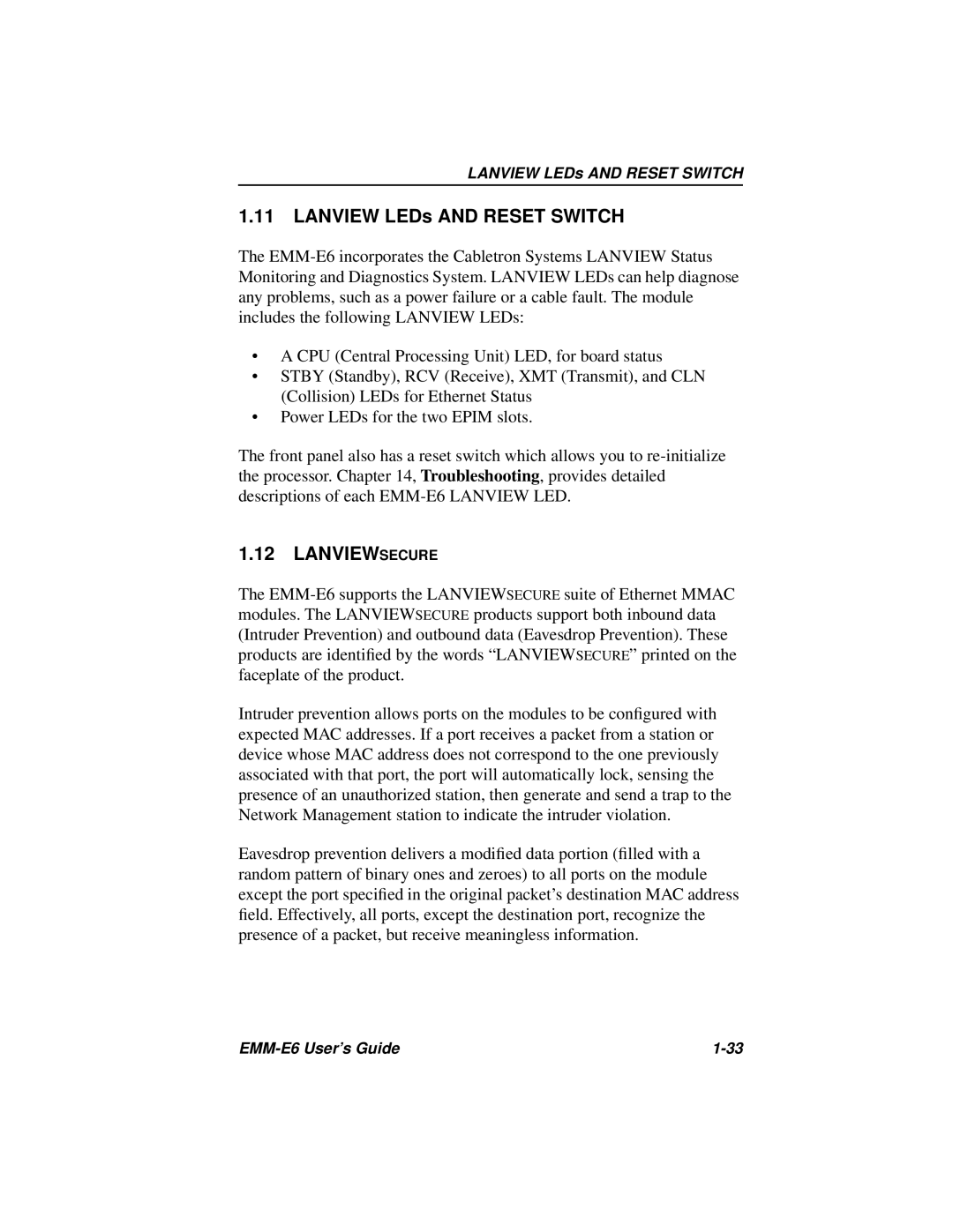 Cabletron Systems EMM-E6 Ethernet manual Lanview LEDs and Reset Switch, Lanviewsecure 