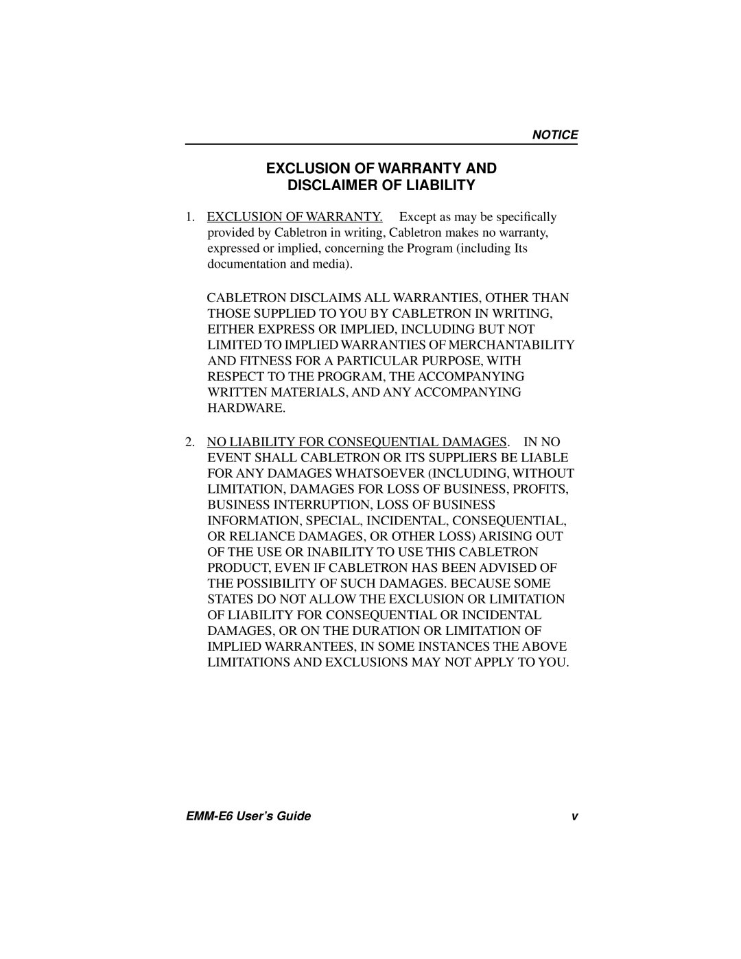 Cabletron Systems EMM-E6 Ethernet manual Exclusion of Warranty Disclaimer of Liability 