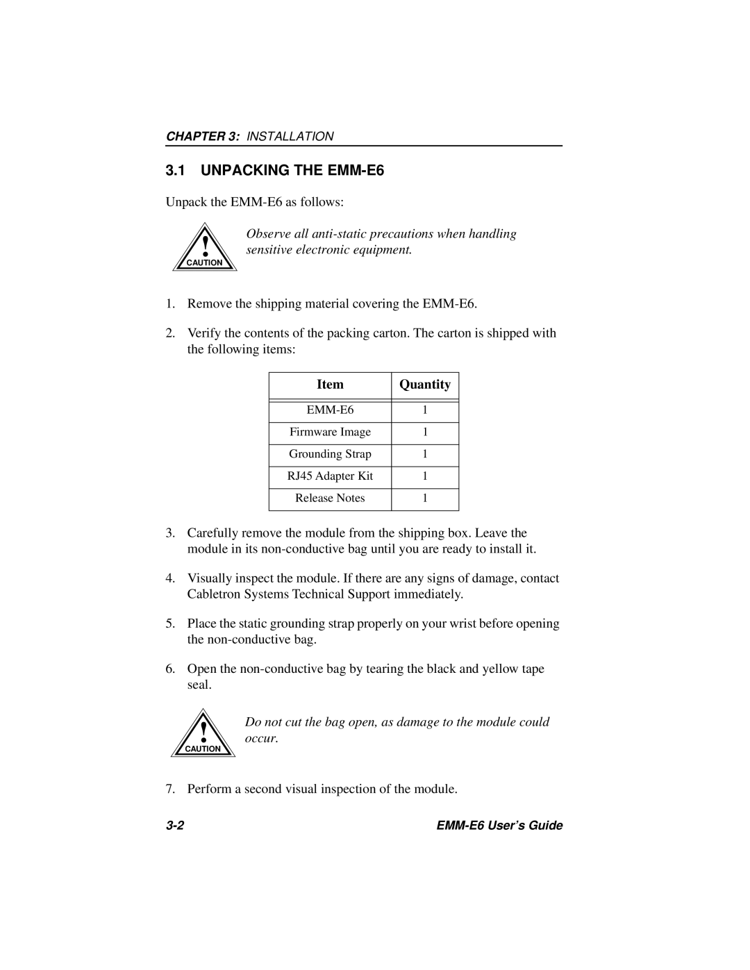 Cabletron Systems EMM-E6 Ethernet manual Unpacking the EMM-E6, Quantity 