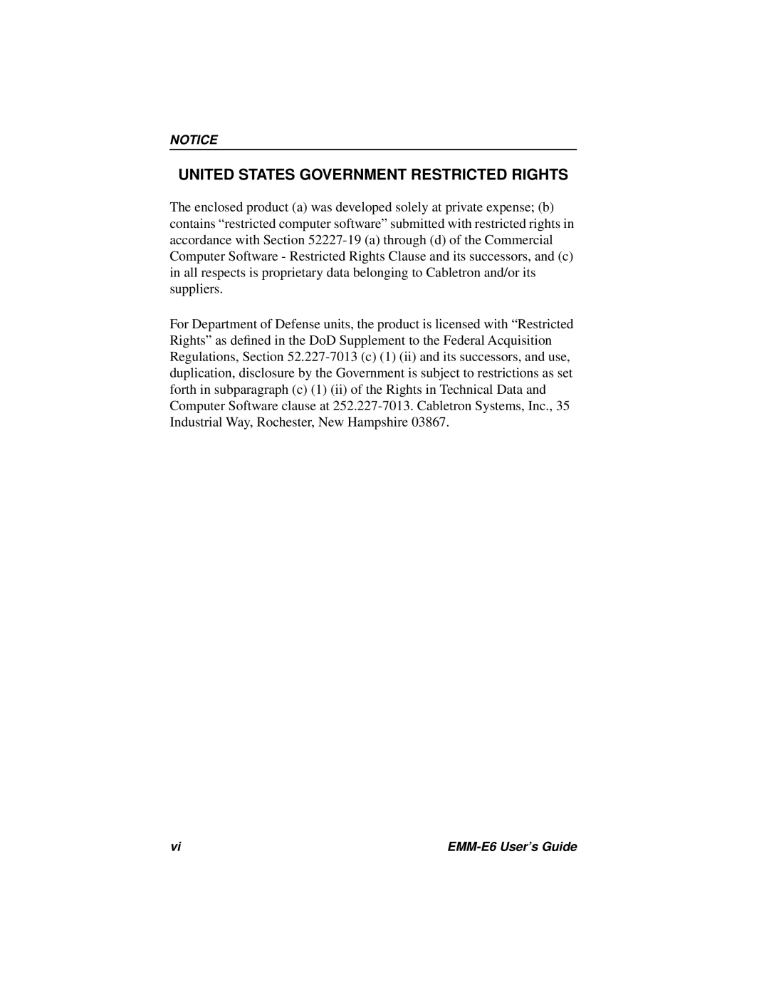 Cabletron Systems EMM-E6 Ethernet manual United States Government Restricted Rights 