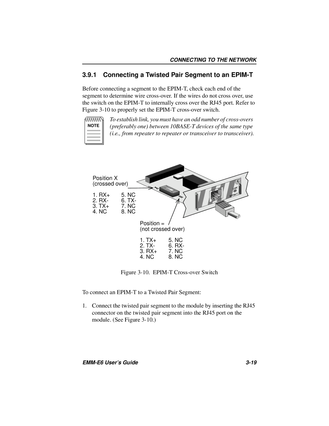 Cabletron Systems EMM-E6 Ethernet manual Connecting a Twisted Pair Segment to an EPIM-T 