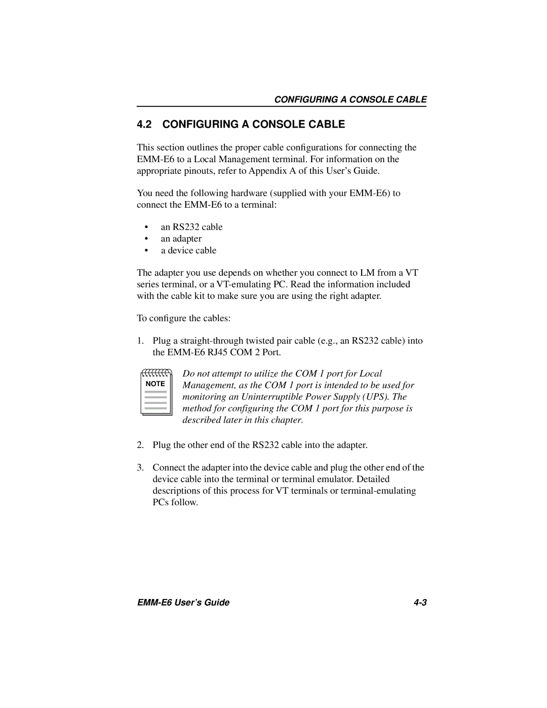 Cabletron Systems EMM-E6 Ethernet manual Configuring a Console Cable 