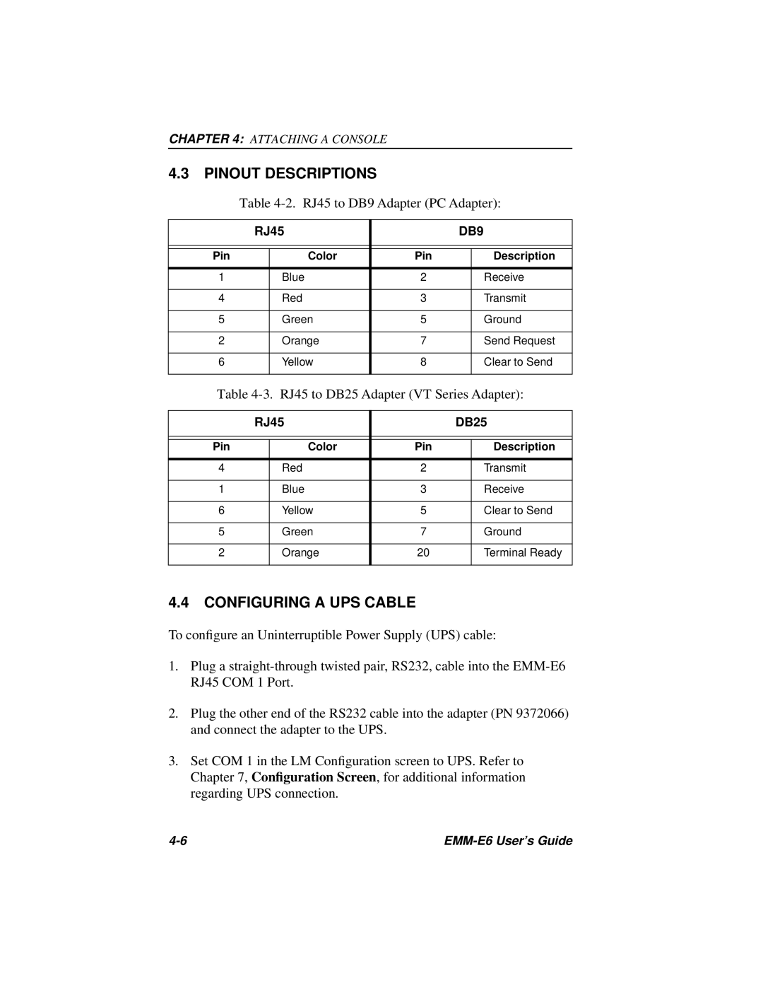 Cabletron Systems EMM-E6 Ethernet manual Pinout Descriptions, Configuring a UPS Cable, DB9, RJ45 DB25 