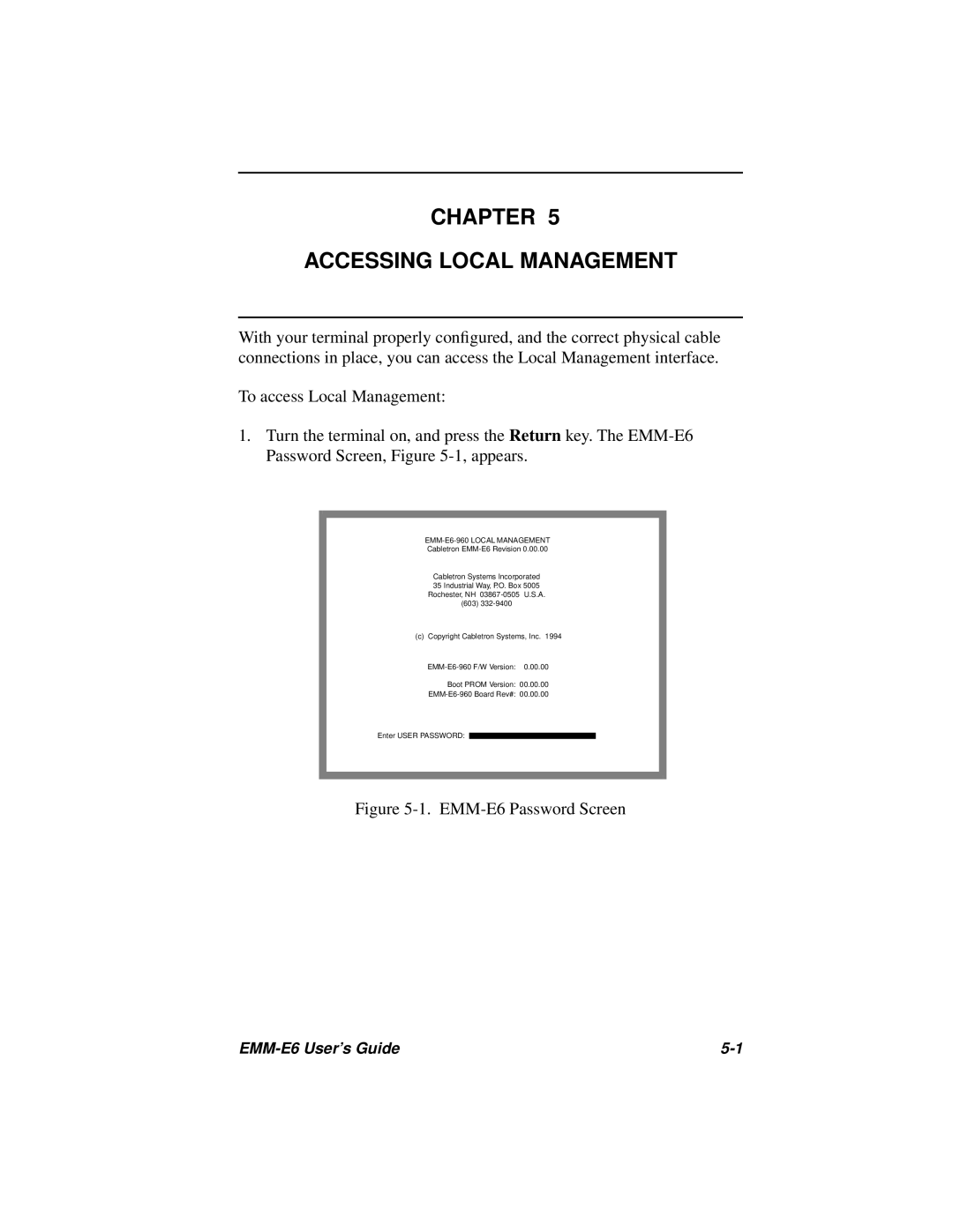 Cabletron Systems EMM-E6 Ethernet manual Chapter Accessing Local Management, EMM-E6-960 Local Management 