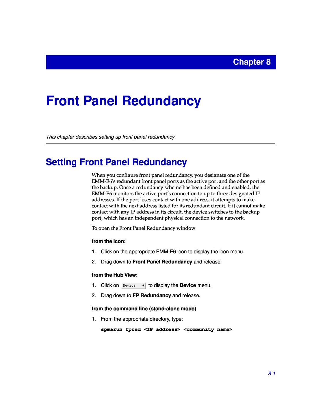 Cabletron Systems EMM-E6 Setting Front Panel Redundancy, This chapter describes setting up front panel redundancy 